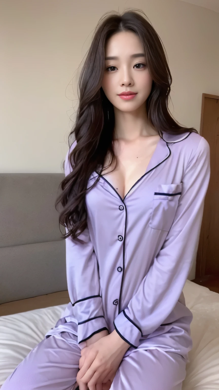 ((top-quality、8k、​masterpiece:1.3))、Beautiful woman with perfect body:1.4、slim abdomen:1.2、Longhair, normal breast, Highly detailed facial and skin texture, A detailed eye, delicate eyes, double eyelid, (smile), (full body shot), ((bedroom)), (sitting in bed), (((wearing purple pyjamas)), looking in front