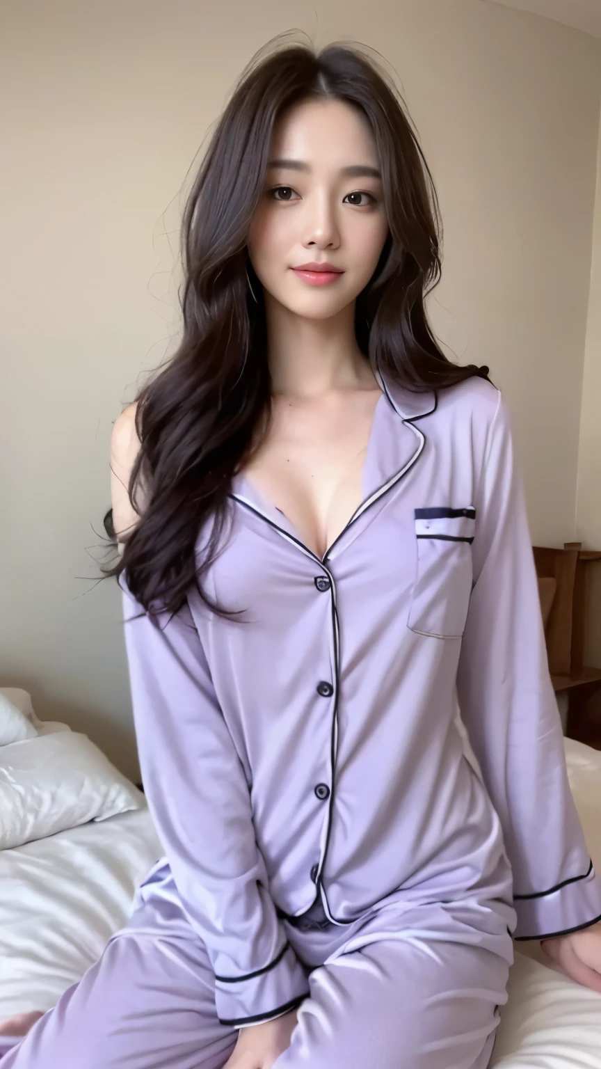 ((top-quality、8k、​masterpiece:1.3))、Beautiful woman with perfect body:1.4、slim abdomen:1.2、Longhair, normal breast, Highly detailed facial and skin texture, A detailed eye, delicate eyes, double eyelid, (smile), (full body shot), ((bedroom)), (sitting in bed), (((wearing purple pyjamas)), looking in front