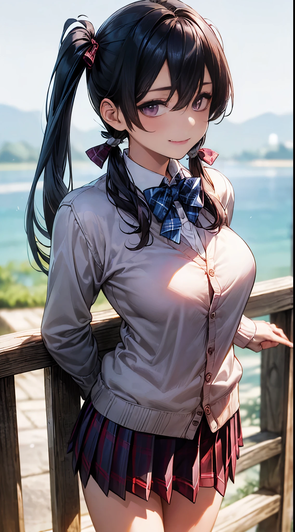 (masterpiece:1.2, highest quality), (realistic, photorealistic:1.4), beautiful illustrations,
looking at the viewer, cowboy shot, Front view:0.8,
1 girl, Japanese, high School girl, (long hair:1.5), blown hair, (twin tails:1.7), bangs, hair between eyes, purple eyes, skin fang, big breasts:0.8,
beautiful hair, beautiful face, detailed and beautiful eyes, beautiful clavicle, beautiful body, beautiful breasts, beautiful thighs, beautiful feet, beautiful fingers,
(beautiful scenery), , School,
((collared shirt, white shirt, School uniform, cardigan, red plaid pleated skirt, blue plaid bow tie, blue plaid hair ribbon)), white panties,
Are standing by wooden pole, Are standing,
smile, ,