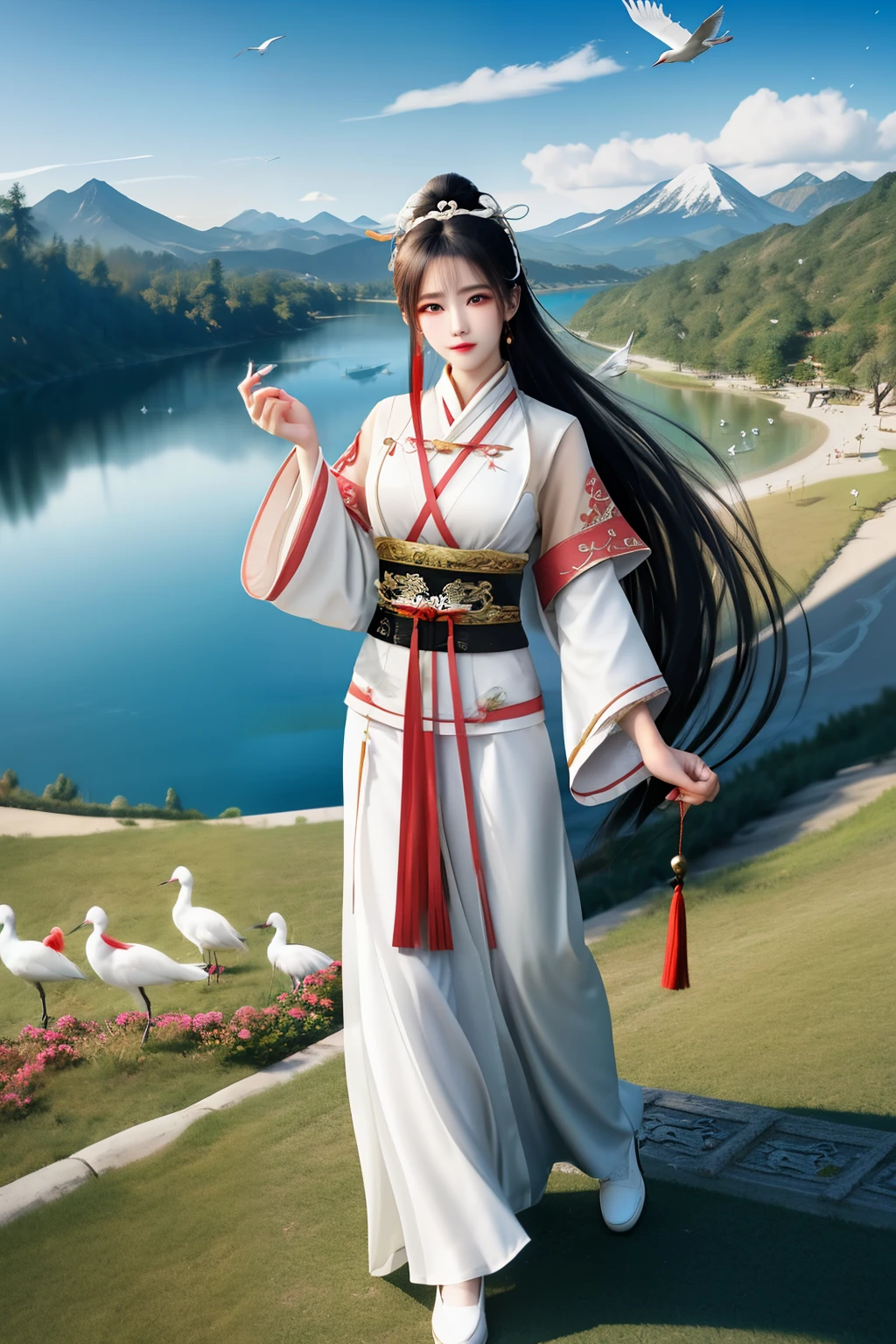 black hair, wince, longeyelashes, solid circle eyes, national style, Beauty, whole body, Full body of the character, The background is Wonderland, perfect face, national style, Clothes with lots of details, Costume style, Xianxia costume, mountain lake, Xiu Xian costume, Clothing color is mainly cyan, Clouds in the background, Character standing by the lake，The background is mountains and white clouds, There are birds white cranes flying, stern face, Royal sister, dream, Surrealism, drop shadow, anaglyph, stereogram, tachi-e, pov, atmospheric perspective, Fujifilm, high detail, 8k, super detail, ccurate, best quality, UHD