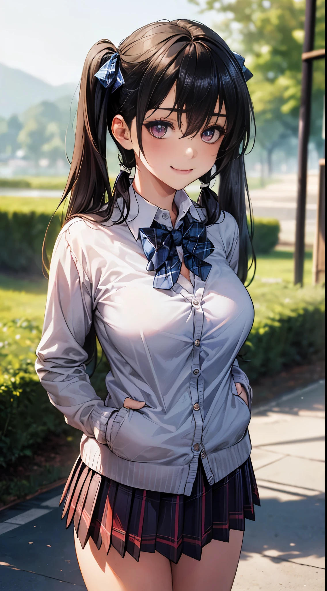 (masterpiece:1.2, highest quality), (realistic, photorealistic:1.4), beautiful illustrations,
looking at the viewer, cowboy shot, Front view:0.8,
1 girl, Japanese, high School girl, (long hair:1.5), blown hair, (twin tails:1.7), bangs, hair between eyes, purple eyes, skin fang, big breasts:0.8,
beautiful hair, beautiful face, detailed and beautiful eyes, beautiful clavicle, beautiful body, beautiful breasts, beautiful thighs, beautiful feet, beautiful fingers,
(beautiful scenery), , School,
((collared shirt, white shirt, School uniform, cardigan, red plaid pleated skirt, blue plaid bow tie, blue plaid hair ribbon)), white panties,
Are standing by wooden pole, Are standing,
smile, ,