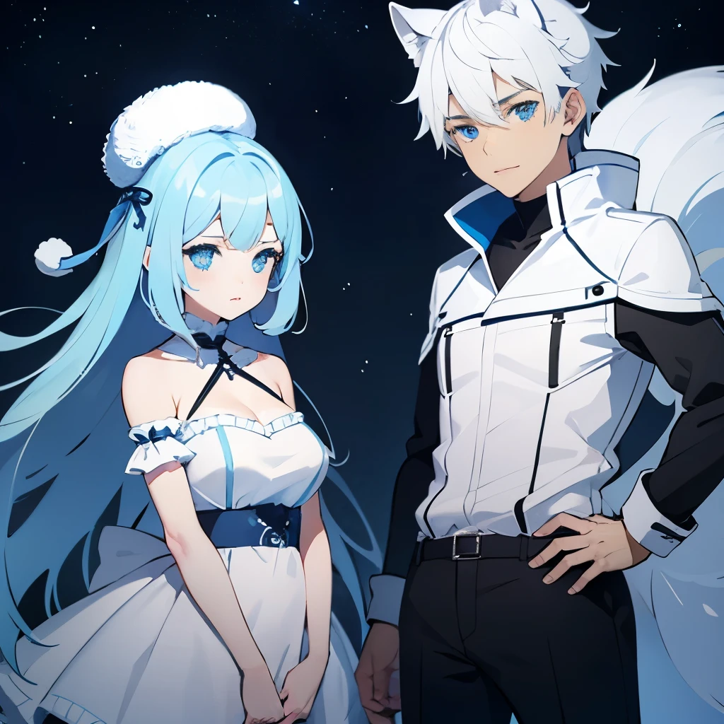 arctic fox and girl,light blue hair,blue eyes,cute