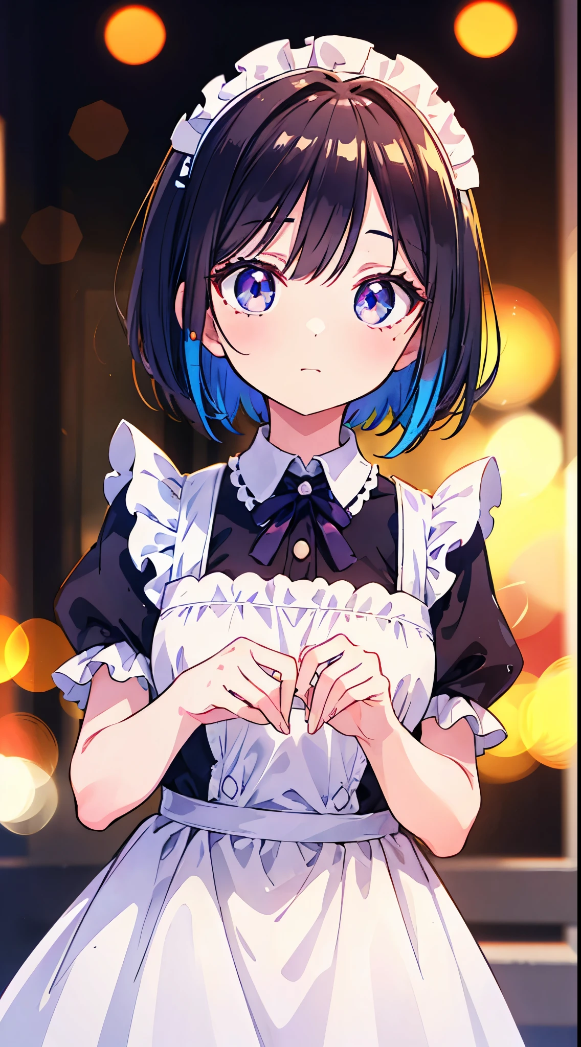ultra-detailed, (dropping eyes, charming, cute)), vibrant colors, soft natural lighting, fine art, bokeh effect. upper body, frilled maid outfit, dutch angle, short hair