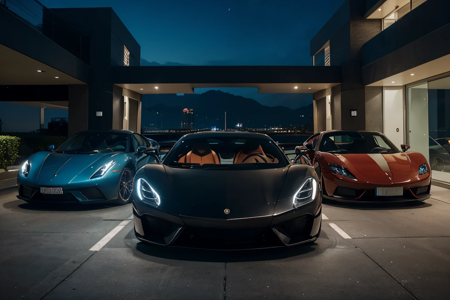 A stunning all glass, curved luxury futuristic 150 million dollar Palace with eight supercars parked in front. Cinematic hi quality camera shot from the ground facing the majestically designed building at night with car head lights on and courtyard lighting on