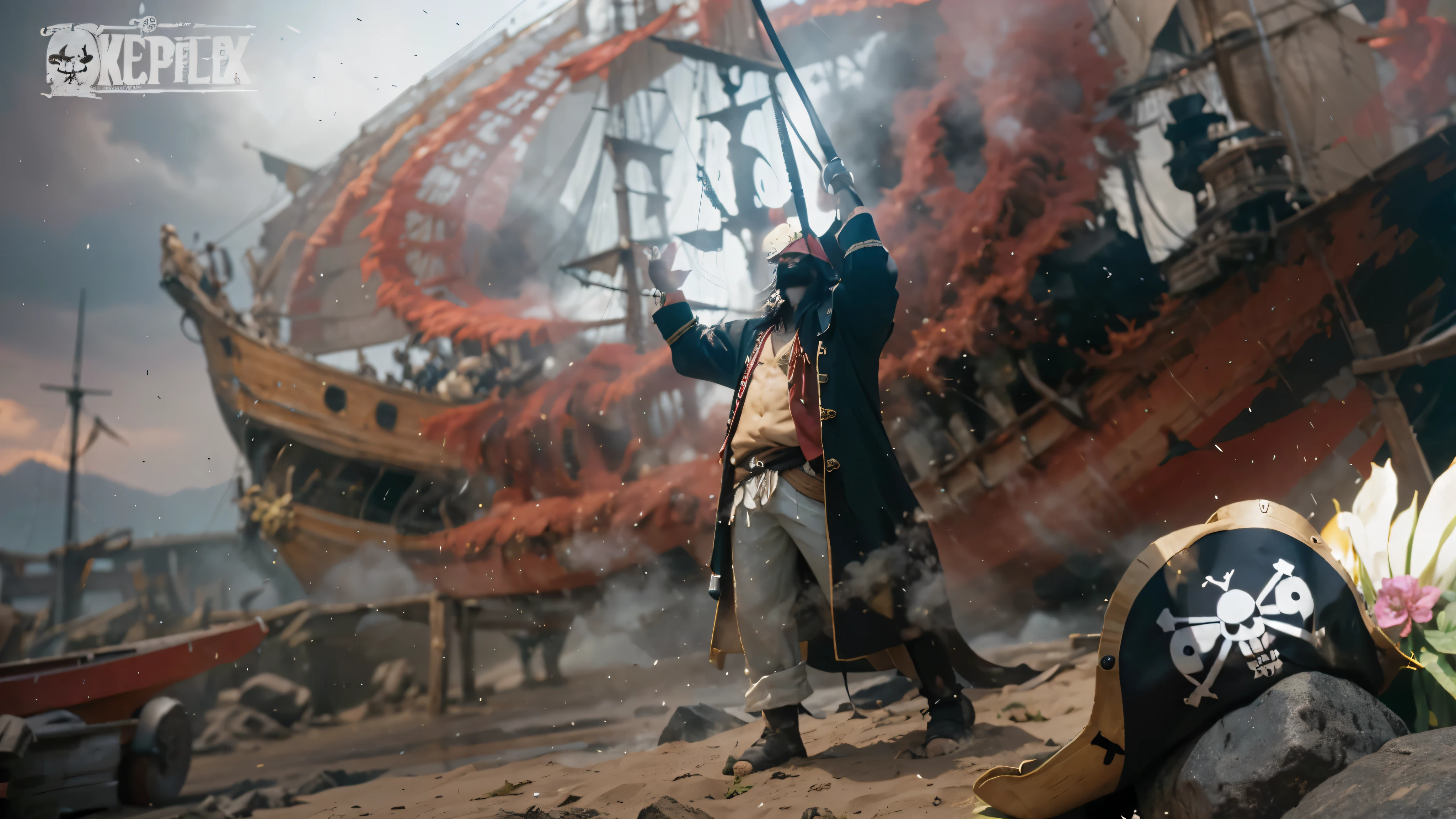 ((Kurohige_ONE PIECE)) ((Pirate ship background)),(Blackbeard_One piece),((realistic, photorealistic)),(highlight hair)), Light reflection, (( HD )),((upper body)), (((best quality, masterpiece))), (masterpiece) (best quality) (detail) (8k) (HDR) (wallpaper) (cinematic lighting) (sharp focuasterpiece, best quality: 1.1), , solo,1man,Pirate, Black long beard, cracked ground,Sand, black aura, black smoke,Seashore,pirate hat Foreground, glow effect, vortex, foreground stone