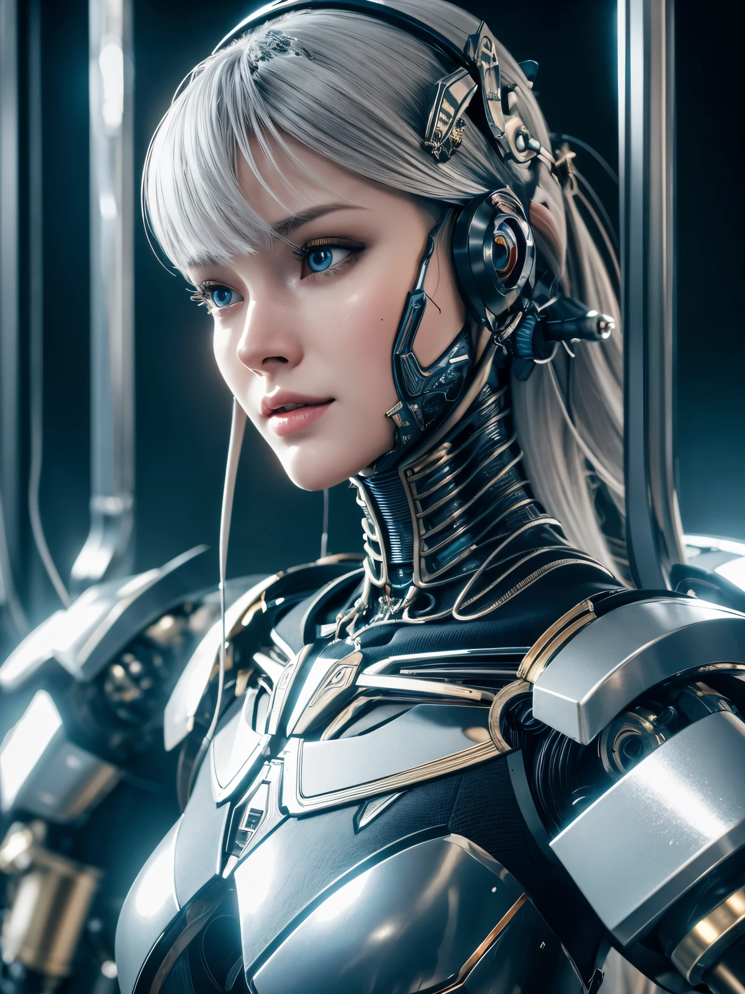 complex 3d render ultra detailed of a beautiful porcelain profile woman android face, Cyborg, cyborg robot parts, 150 mm, Beautiful studio soft light, rim-light, vibrant detail, Luxurious cyberpunk, Lace, Hyperrealistic, anatomically, face muscles, Cable Electrical Wire, micro Chip, elegant, Beautiful background, rendering by octane, h. r. Giger style, 8K, Best quality, Masterpiece, illustration, An extremely delicate and beautiful, Extremely detailed ,CG ,Unity ,the wallpaper,Amazing, finedetail, Masterpiece,Best quality,offcial art, Extremely detailed Cg Unity 8K wallpaper, robot, silver halmet, ((full bodyesbian)), Sitting
