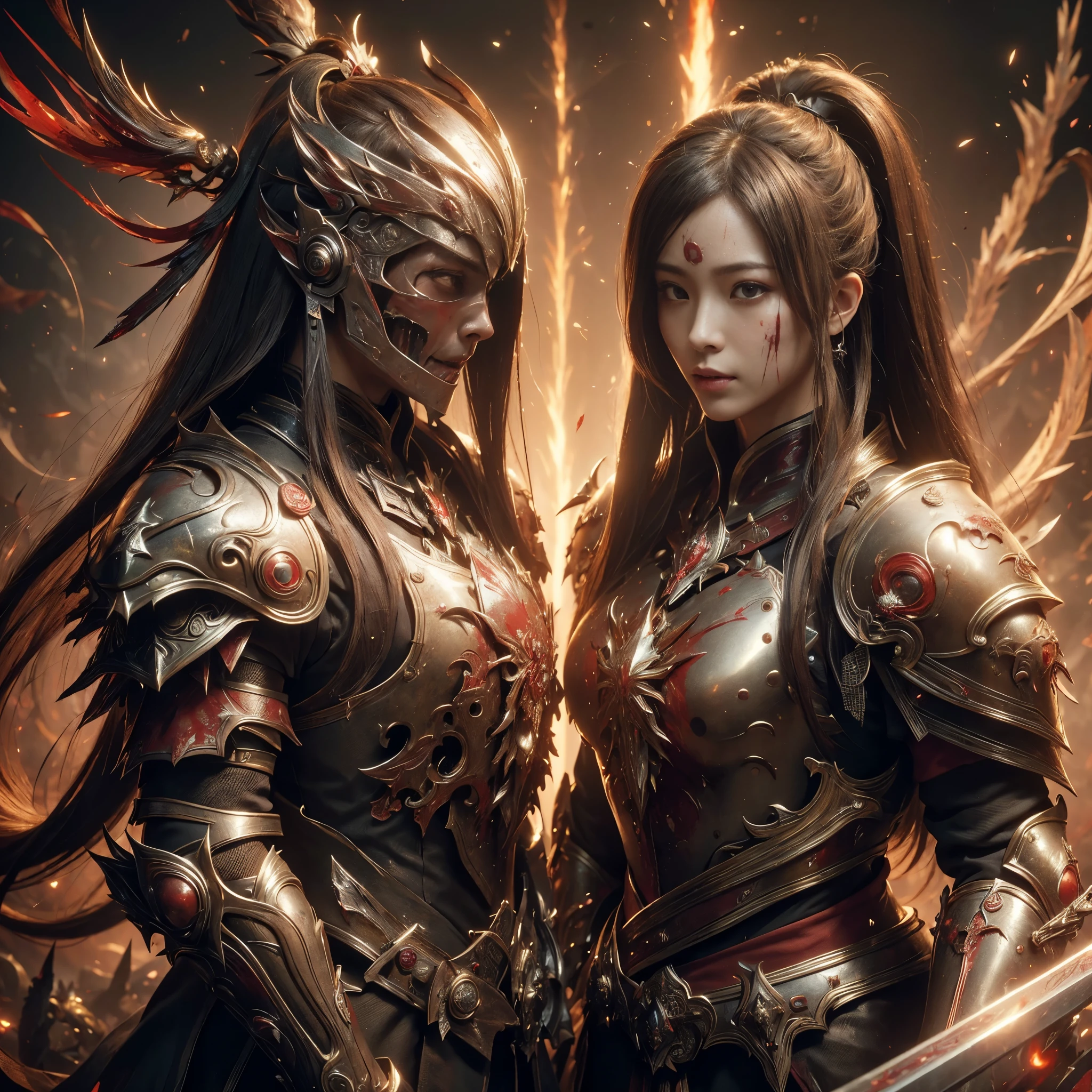 (((Realistic, masterpiece, best quality, crisp detail, high definition, high detail, sharp focus, perfect studio lightning))), 17 years old japanese girl wearing damaged armor, japan style armor, full body armor, full decorated golden armor, long straight hair, dirty, sweating, bloodstained face, blood scattered armor, bloodbath, carnage, swinging long blood scattered sword against cursed warriors, an epic war, fire everywhere, smoke everywhere, blood everywhere, death everywhere, japan edo period, brutal battle background