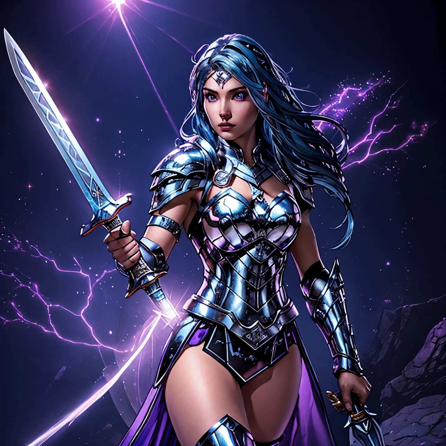 A girl wearing silver armor holding a sword that emits a purple glow with a clear face, clear eyes, flowing blue hair, focus on above the thighs, High Quality, 8K