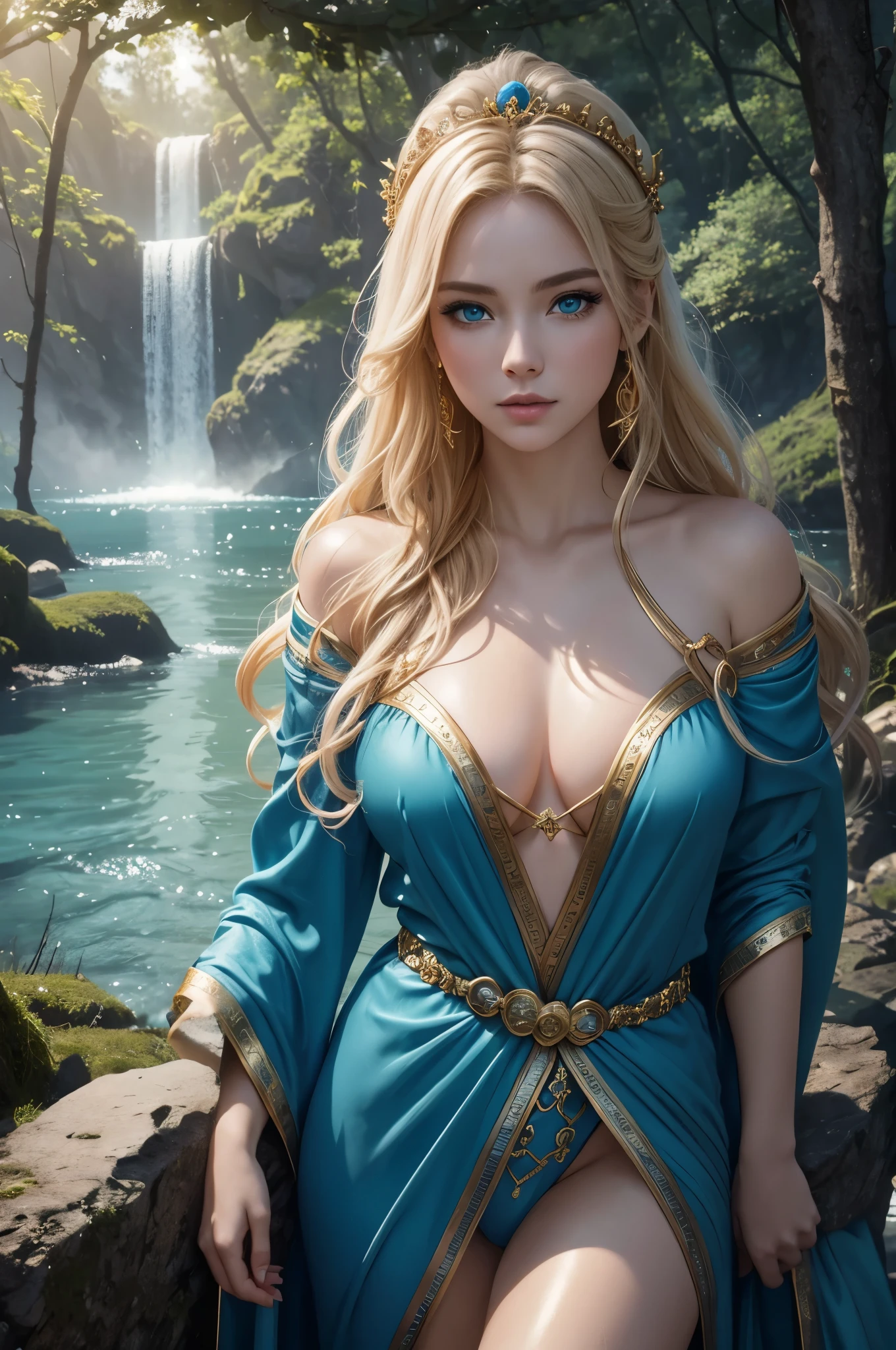 8K,goddess of water,Super beautiful(like the real thing),blue makeup,blue rouge,light blue eyes,clear white skin,luxurious blue water robe,golden decoration,golden hair ornament,masterpiece,Photorealistic RAW photos of the highest quality。bright colors,rich colors, Backlight, cinematic lighting, film grain, to be born, 50mm lens, Nikon D850,detailed character art,fantasy art,ultra high resolution,Super realistic,view audience,fantasy,beautiful expression,view audience,