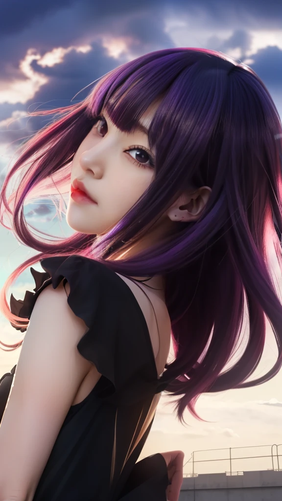 anime girl with long purple hair and black dress in front of a cloudy sky, gapmoe yandere grimdark, beautiful anime woman, (anime girl), beautiful anime girl, profile of anime girl, emo anime girl, portrait gapmoe yandere grimdark, anime girl with long hair, by Jin Homura, demon anime girl, seductive anime girl, beautiful anime face