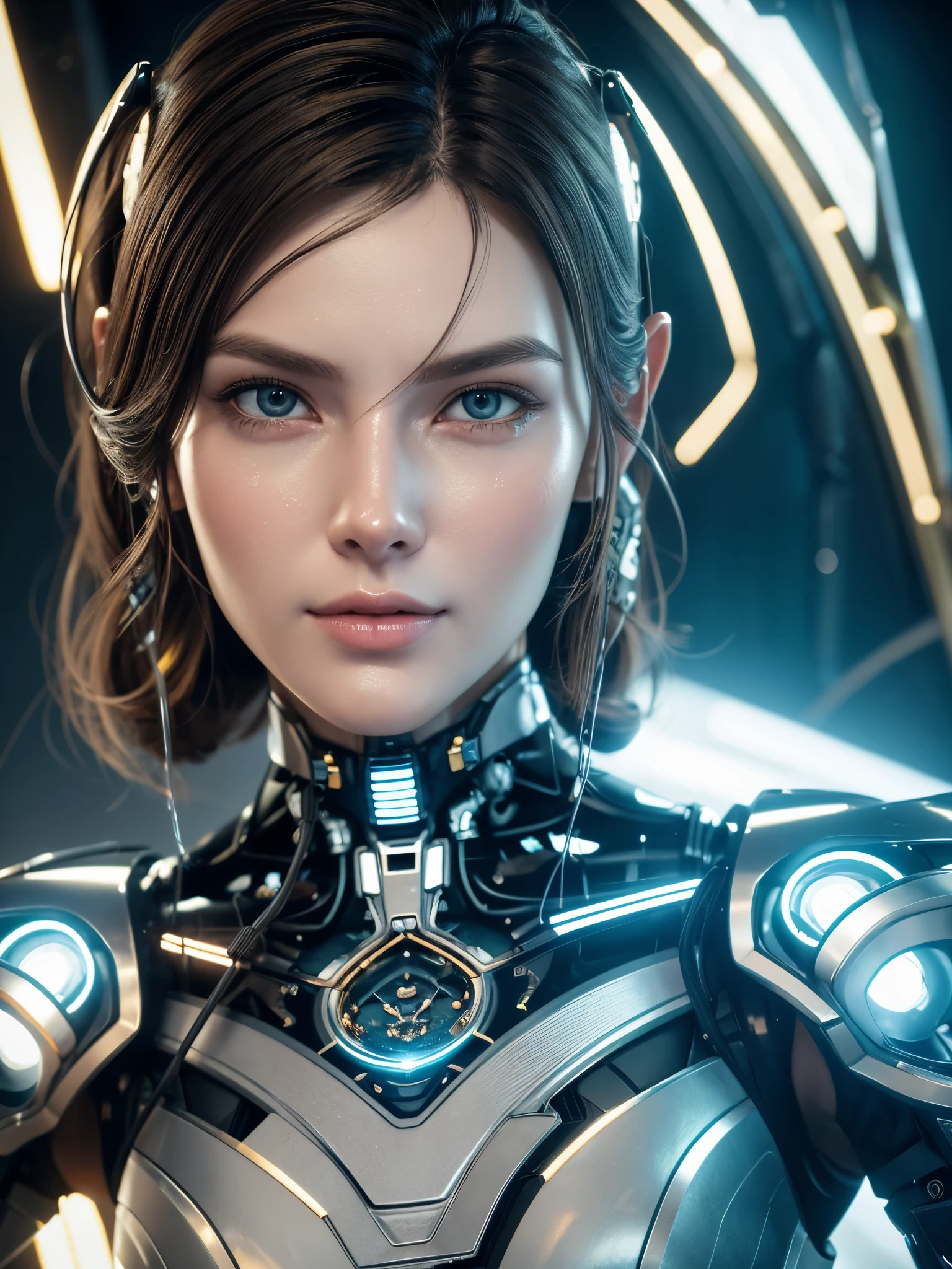 complex 3d render ultra detailed of a beautiful porcelain profile woman android face, Cyborg, cyborg robot parts, 150 mm, Beautiful studio soft light, rim-light, vibrant detail, Luxurious cyberpunk, Lace, Hyperrealistic, anatomically, face muscles, Cable Electrical Wire, micro Chip, elegant, Beautiful background, rendering by octane, h. r. Giger style, 8K, Best quality, Masterpiece, illustration, An extremely delicate and beautiful, Extremely detailed ,CG ,Unity ,the wallpaper,Amazing, finedetail, Masterpiece,Best quality,offcial art, Extremely detailed Cg Unity 8K wallpaper, robot, silver halmet, ((full bodyesbian)), Sitting