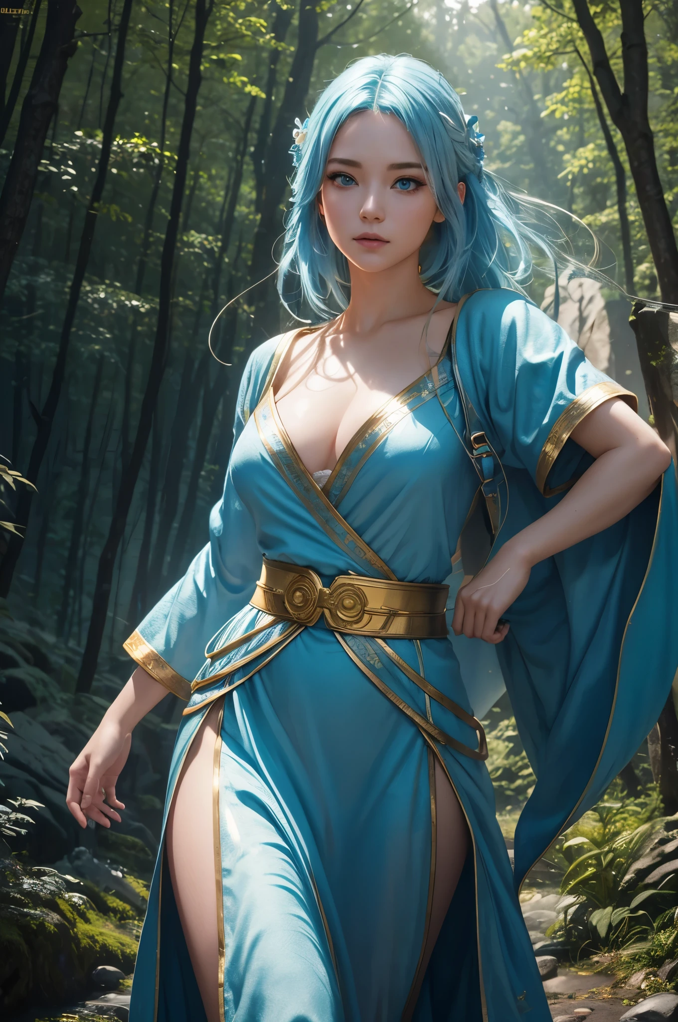 8K,goddess of water,Super beautiful(like the real thing),blue makeup,blue rouge,light blue eyes,clear white skin,luxurious blue water robe,golden decoration,golden hair ornament,masterpiece,Photorealistic RAW photos of the highest quality。bright colors,rich colors, Backlight, cinematic lighting, film grain, to be born, 50mm lens, Nikon D850,detailed character art,fantasy art,ultra high resolution,Super realistic,view audience,fantasy,beautiful expression,view audience,