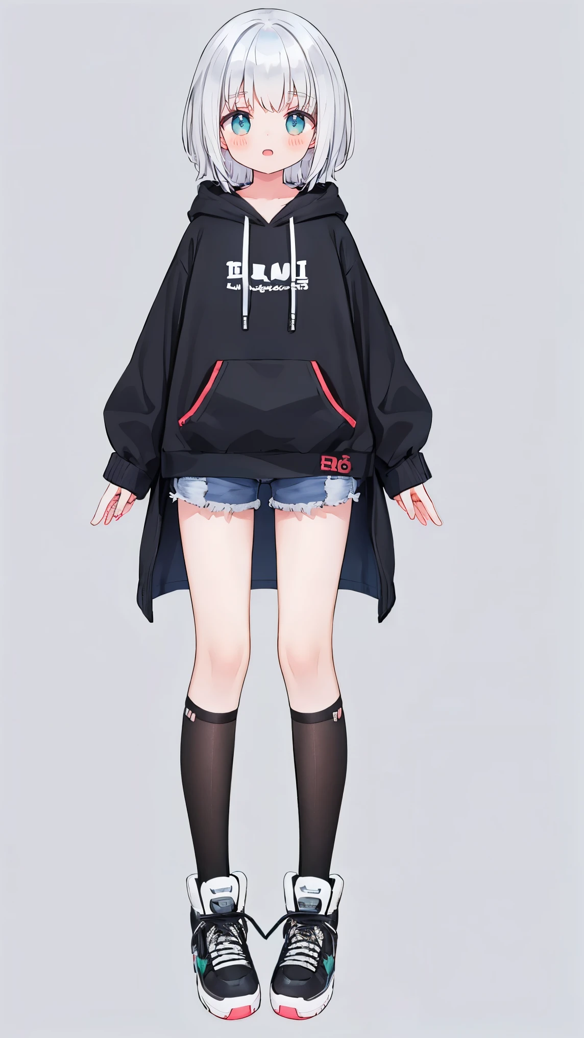 ((hi quality, Best Quality, 8K, Top image quality,)) symmetry, black hoodie, bob cut, from front, full body, 1girl, 15 years old, grey background,  open mouth, white hair, blue eyes, short pants, virtual youtuber, Anime Style,