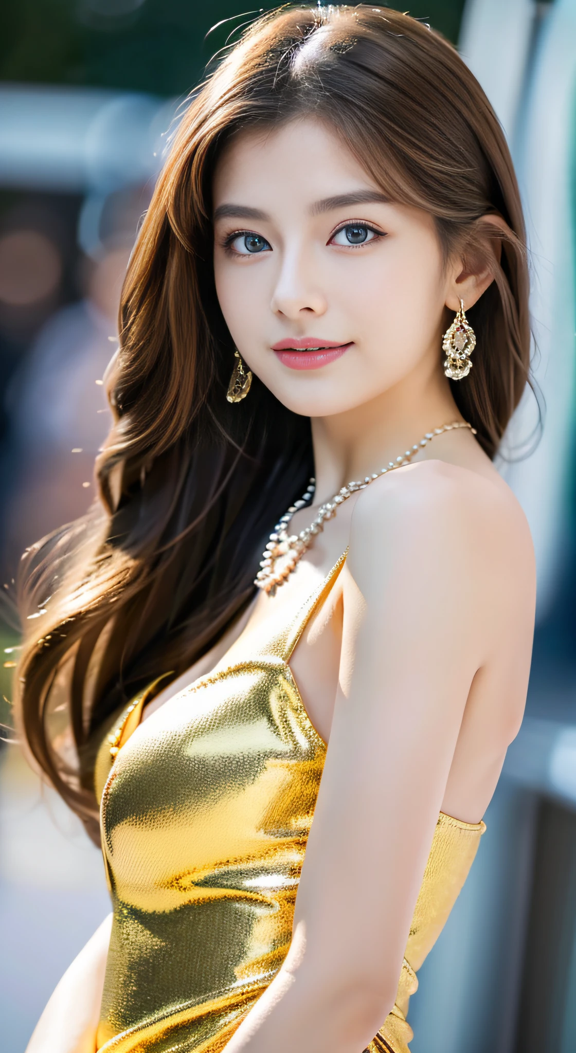 (32K,very high res, high detailing, highly accurate,Pretty Girl 1:1.5),Raw photo & realistic atmosphere,beautiful dark blue eyes,Detailed mouth,Glossy lips,Detailed eyebrows,Soft white skin that shines with every detail,,Eyes drawn in detail、Very beautiful eyes with azure eyes,Detailed lips、Very beautiful face,Very well-formed face、Lifelike face,shiny beautiful lips,Beautiful eyebrows,Infinite reality,Best design,(Insanely cute Japan ,Beautifully shaped breasts,Very cute beautiful girl,,Healthy body,Outstanding style:1.5),Best Natural Makeup,Japanese ido,Korean Idols,Young sensual idol,Moist eyes,Dark Beautiful Deep Eyes,Beautiful butt,beauty legs:1.3),超A high resolution、Natural and realistic face,Pure eyes are too cute,(((photorealisim,Photograph the whole body))),Reality Live Action,(Fashionable, luxurious and voluminous earrings,a necklace,A bracelet,gyuru,Glossy nail art,Gorgeous Party Long Dresses,Luxury Gorgeous Court,White G Strength,high-heels,hairaccessories,Calm and fashionable girl,Shiny brown hair,Fancy Hair Arrangements for Party,sottle smiling,full body Esbian,Show full-body fashion,Red carpet, A gorgeous long dress that you won't forget once you see it,The only beauty,Cute 15 year old girl,Very cute 15 year old girl:1.7),Night in Roppongi