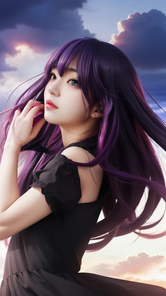 anime girl with long purple hair and black dress in front of a cloudy sky, gapmoe yandere grimdark, beautiful anime woman, (anime girl), beautiful anime girl, profile of anime girl, emo anime girl, portrait gapmoe yandere grimdark, anime girl with long hair, by Jin Homura, demon anime girl, seductive anime girl, beautiful anime face