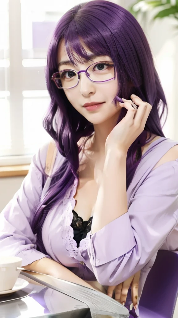 anime girl with purple hair and glasses sitting at a table, misato katsuragi, she has purple hair, hana yata, illustrious makinami, hinata hyuga, konachan, with glasses, hajime yatate, shirabii, yayoi kasuma, megumu okada, reisen udongein inaba,wearing glasses,purple hair,wearing glasses,purple hair,wearing glasses,purple hair,wearing glasses,purple hair,wearing glasses,purple hair