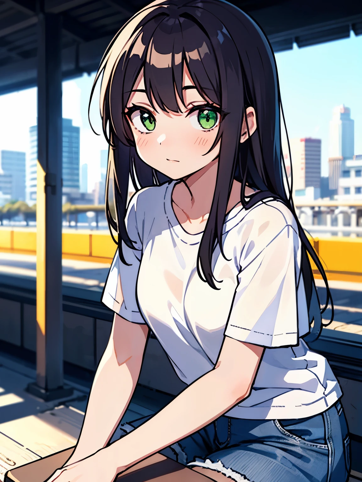 1girl, brown hair, green eyes, white t-shirt, jeans, city, long hair,