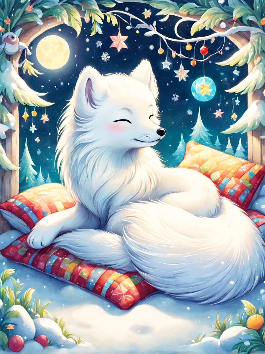 cuteillustration北极狐屋,Snow white arctic fox,hibernation,cute,sleep,Comfortable and warm,looks very happy,illustration,Popularity,Colorful,draw with thick lines,color,dim,light,hibernation的北极狐正在睡觉,have a happy dream,The house is warm and full of happiness,Colorful,gaudy,fantasy,patchwork,Quilt,details details,fluffy,randolph caldecott style, KidsRedmAF