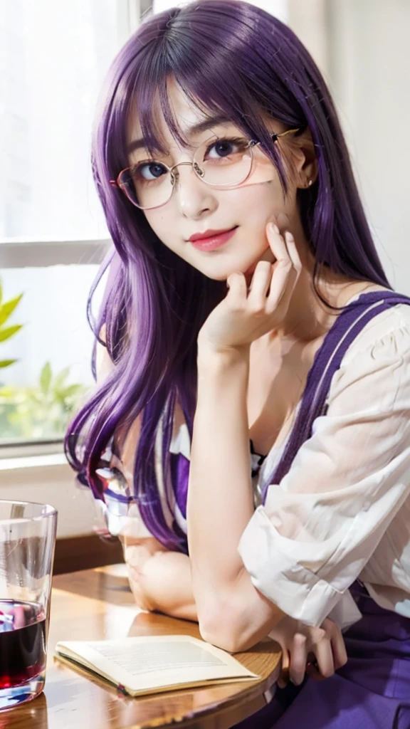 anime girl with purple hair and glasses sitting at a table, misato katsuragi, she has purple hair, hana yata, illustrious makinami, hinata hyuga, konachan, with glasses, hajime yatate, shirabii, yayoi kasuma, megumu okada, reisen udongein inaba，wearing glasses，purple hair，wearing glasses，purple hair，wearing glasses，purple hair，wearing glasses，purple hair，wearing glasses，purple hair