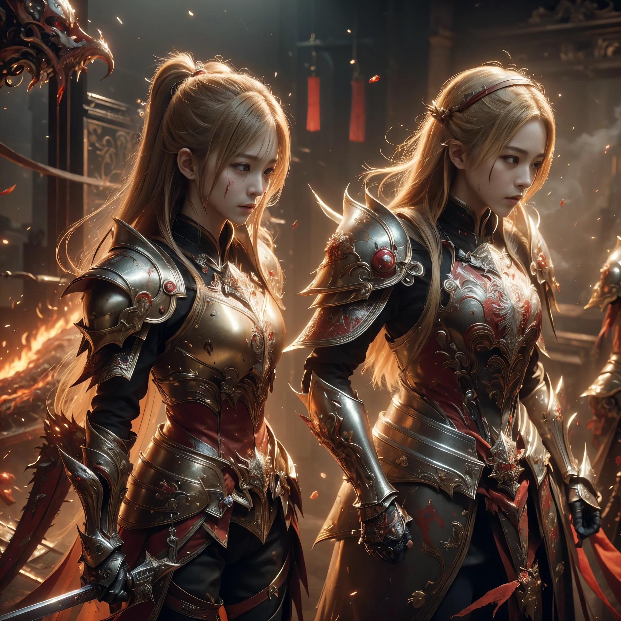 (((Realistic, masterpiece, best quality, crisp detail, high definition, high detail, sharp focus, perfect studio lightning))), 17 years old japanese girl wearing damaged armor, japan style armor, full body armor, full decorated golden armor, long straight hair, dirty, sweating, bloodstained face, blood scattered armor, bloodbath, carnage, swinging long blood scattered sword against cursed warriors, an epic war, fire everywhere, smoke everywhere, blood everywhere, death everywhere, japan edo period, brutal battle background