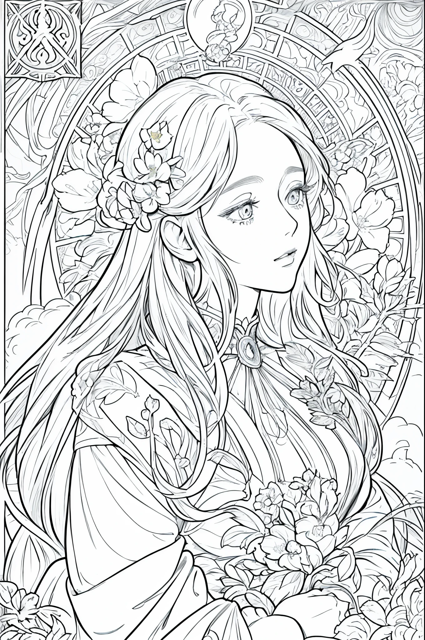 tarot cards, 1 girl，european girl face portrait，shapeless long hair, shiny skin, detailed face, wearing a patterned robe， Sumeru，cloud, moon，((tarot cardsのレイアウト))，highest quality, masterpiece, (realistic:0.6), realistic lighting,flower frame， decorative panel， abstract artistic， (Alphonse Mucha) （master piece， best quality, 8k, very detailed， intricate details， 4k，Cerulean， line drawing， fibonacci.