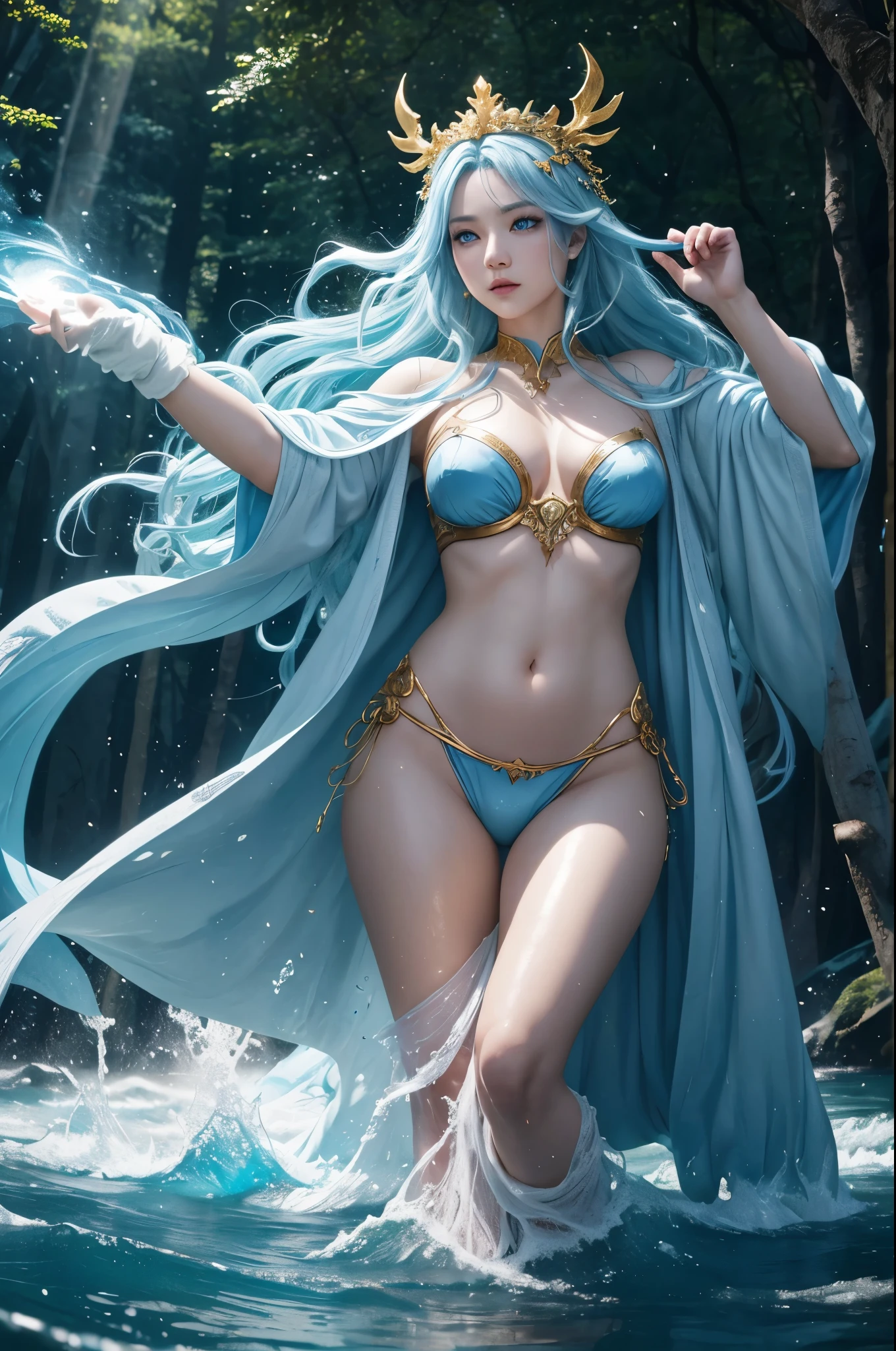 8K,goddess of water,Super beautiful(like the real thing),blue makeup,blue rouge,light blue eyes,clear white skin,luxurious blue water robe,golden decoration,golden hair ornament,masterpiece,Photorealistic RAW photos of the highest quality。bright colors,rich colors, Backlight, cinematic lighting, film grain, to be born, 50mm lens, Nikon D850,detailed character art,fantasy art,ultra high resolution,Super realistic,view audience,fantasy,beautiful expression,view audience,