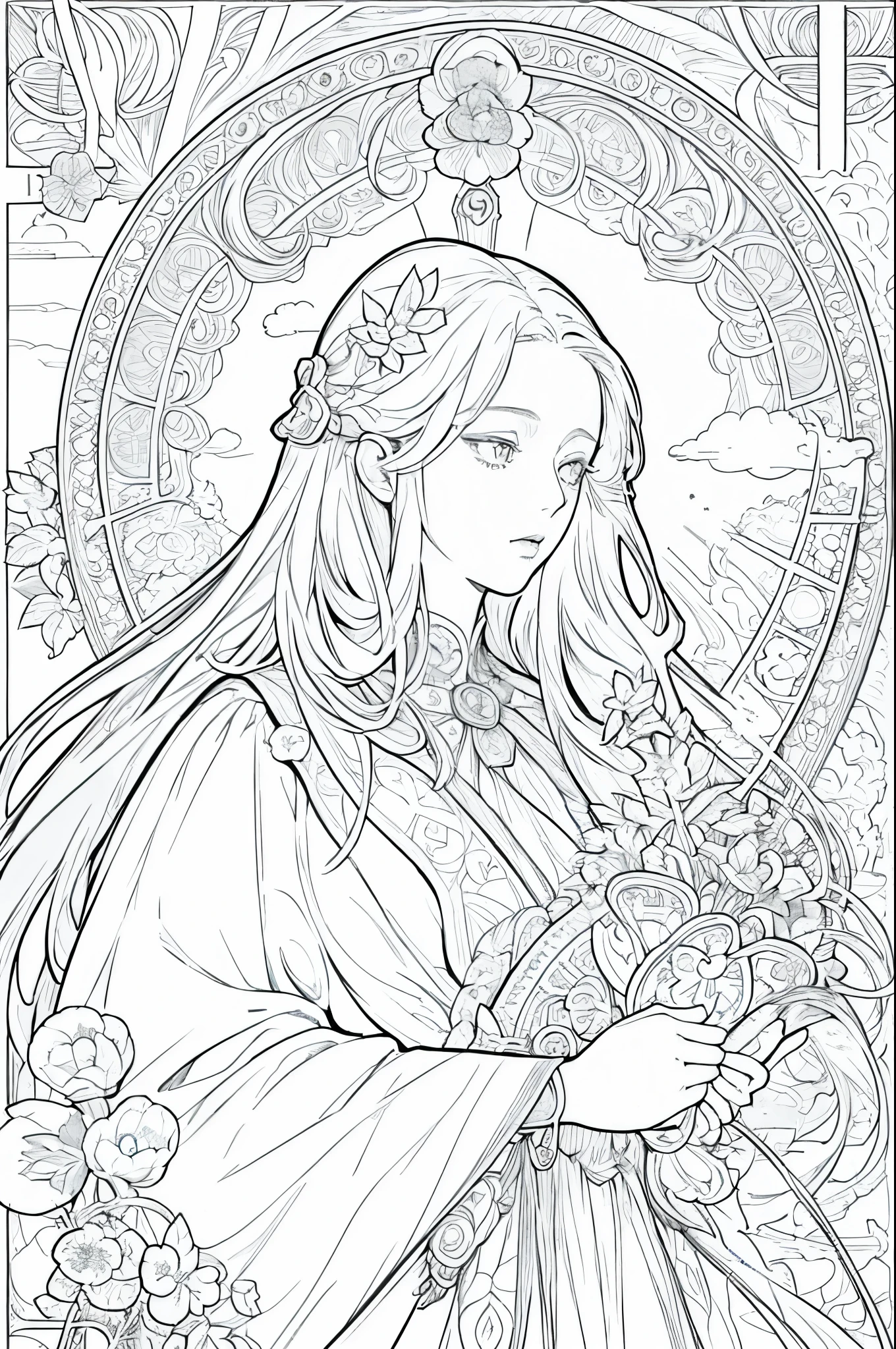 tarot cards, 1 girl，european girl face portrait，shapeless long hair, shiny skin, detailed face, wearing a patterned robe， Sumeru，cloud, moon，((tarot cardsのレイアウト))，highest quality, masterpiece, (realistic:0.6), realistic lighting,flower frame， decorative panel， abstract artistic， (Alphonse Mucha) （master piece， best quality, 8k, very detailed， intricate details， 4k，Cerulean， line drawing， fibonacci.