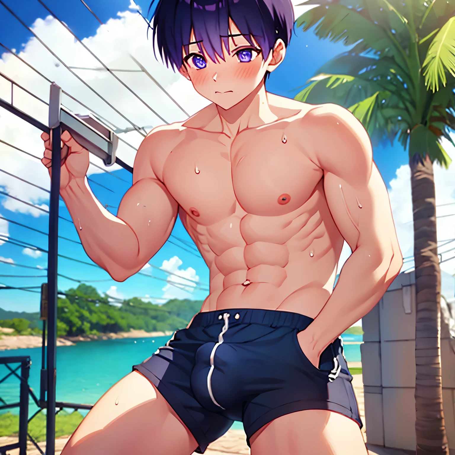 1boy, naked, short pants, big chest, wet,bulge, blush