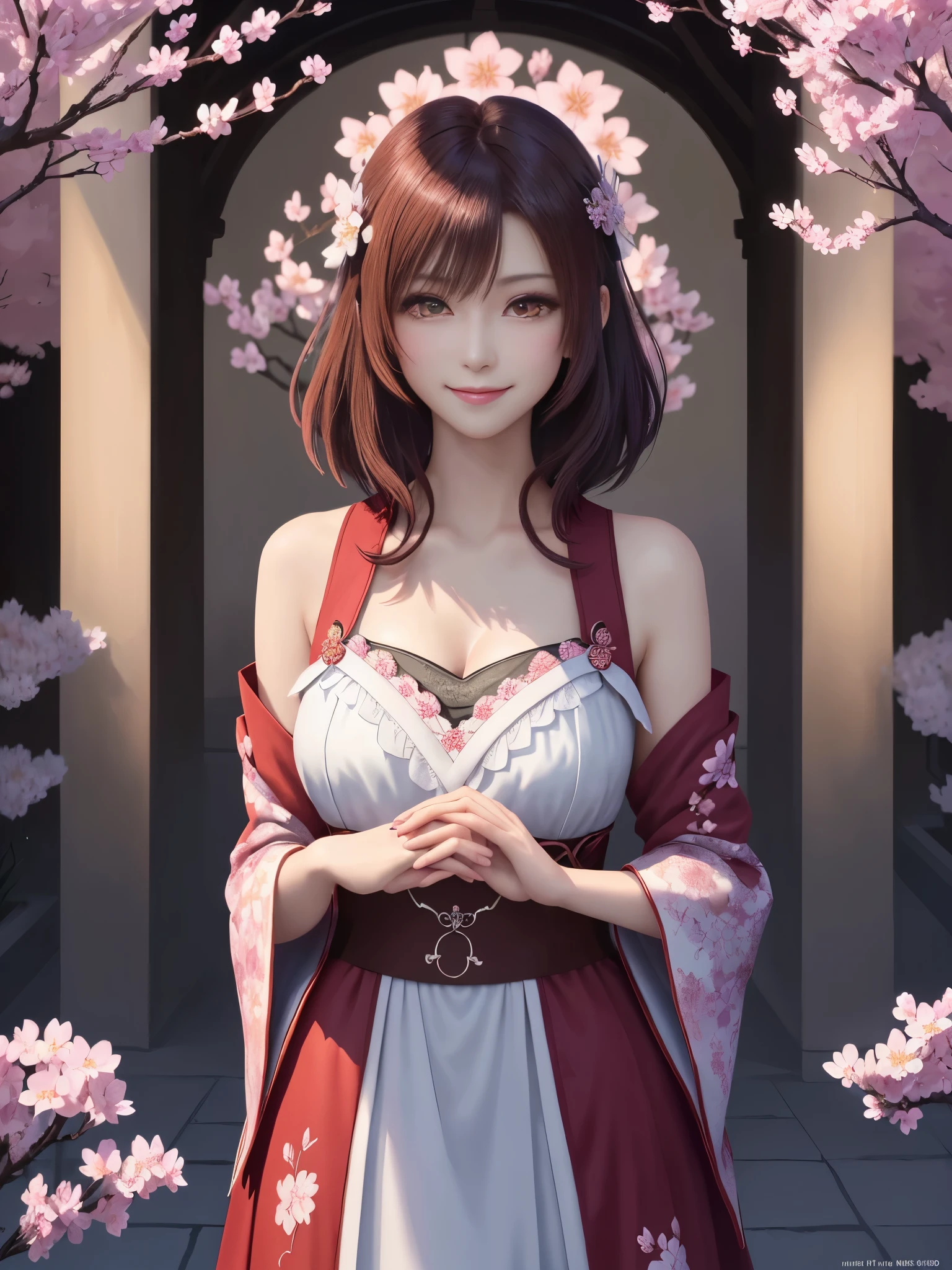 masterpiece , best quality,smile,smile,small face,shoulder exposure,some cleavage exposure,colorful hair,slender body shape,brown eyes,sharp contrast,short hair,Beautiful short hair,short cut hair,just one person,precision quality,Faithfully reproduced eyes, 一面に咲くcherry blossom background,snow scene,masterpiece, 幻想的なcherry blossom background,night,nightの背景,cherry blossom background,beautiful details, colorful, delicate details, delicate lips, intricate details, genuine, ultrargenuineista, 枝に座っている色とりどりの髪のFoxを持つ女の子:Mature, bright eyes, ,色とりどりのFox, raposa de nine tails, 三尾Fox, 三尾Fox, onmyoji detail art, beautiful fine art illustration, mythical creatures, Fox, beautiful digital art,shrine maiden,hold hands,exquisite digital illustration, mizutsune, Inspired by mythical wild web creatures, pixiv in digital art, shining light, high contrast, Mysterious,
