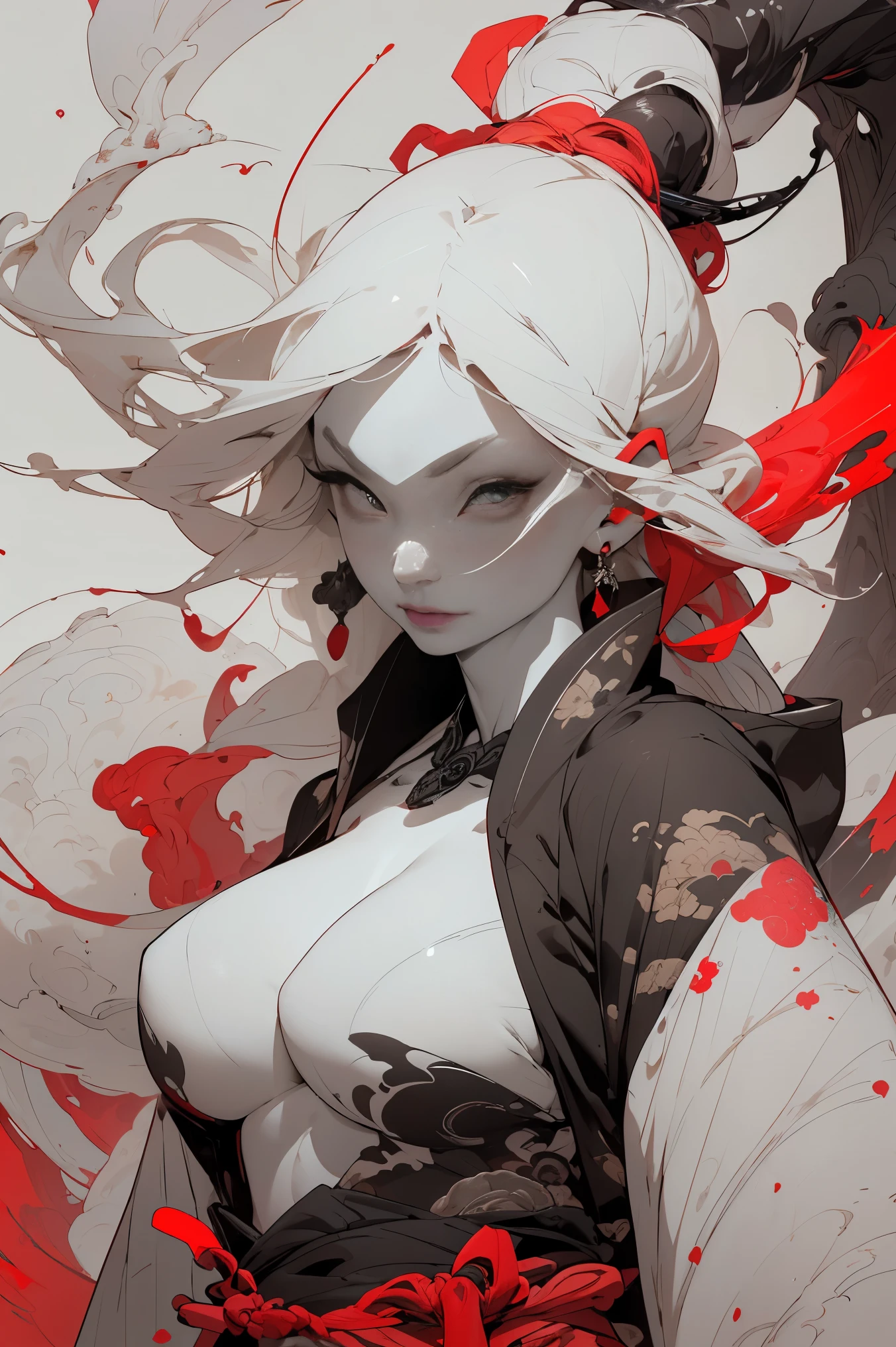 (masterpiece, top quality, best quality, official art, beautiful, cosmic, atmospheric, psychedelic, dreamlike and aesthetic, swirling psychedelic cosmic graffiti patterns:1.2), (1girl), extreme detailed,(fractal art:1.3),colorful,highest detailed, "(Best Quality, 8K, 32K, masutepiece:1.3), Ultra-detailed, (Photorealistic:1.4), pink and white colors, perfect color scheme, albino, Punk rock Girl, Detailed moonlight eyes, Upper body, Luxurious punk hair, Edgy Harajuku-inspired punk rock fashion, super huge enormously gigantic tits, cleavage showing, Avant-garde makeup, Numerous piercings, Heavily tattooed body, Barefoot woman(30-years old) , (fair white skin:1.7)、 (long neon pink hair)、(Samurai style black and gold kimono:1.0)、(Big dragon background)、(White smoke)、(two swords)、(abnormally large breasts)、(Red smoke around the body:1.7)、Bare shoulders, Double eyelids, (Gray eyes)、Parted lips,Solo,(cleavage)、delicate and sexy(clavicle:1.3), (Shiny skin:0.8),(masutepiece:1.4),(Best Quality:1.4),glossy red lips, Perfect Abs, Wet(full of sweat)、low angles, (from below angle), High detailed skin, Skin pores,(Katsushika Hokusai-style background)