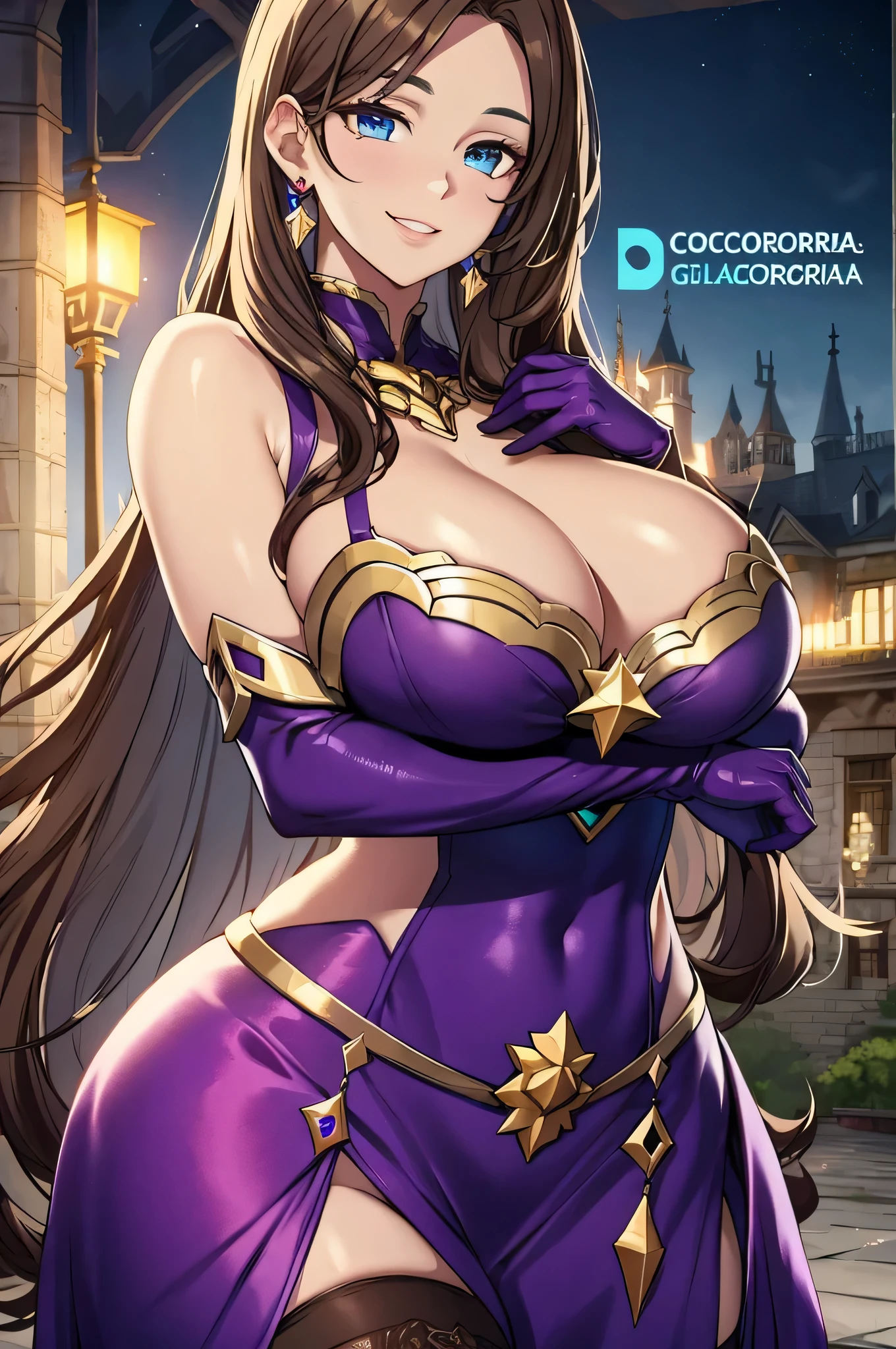 olga discordia, light brown hair, colored skin, brown skin, hair stick, bangs, blue eyes, solo, smiling, standing, upper body, hips, bare shoulders,purple thighhighs,violet dress, gold jewelry,armor,gloves,circlet, cleavage, red and gold royal castle, gigantic breasts, (best quality, masterpiece, beautiful and aesthetic:1.2, highest detailed face, perfect face,) eyes, perfect face,expressive eyes,
looking at viewer, in the center of the image,(Upper_body),(Focus on her face),
official art,extremely detailed CG unity 8k wallpaper, perfect lighting,Colorful,
(masterpiece:1.0),(best_quality:1.0), ultra high res,4K,ultra-detailed