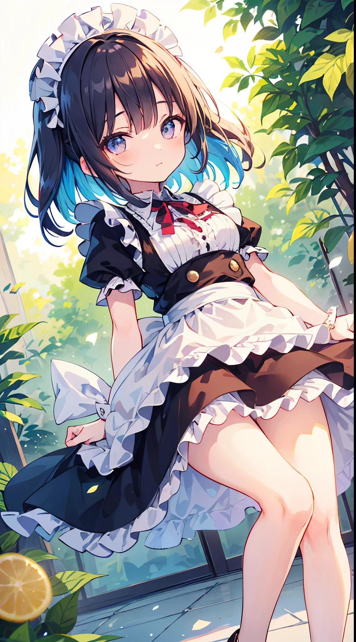 ultra-detailed face, (dropping eyes, charming, cute)), vibrant colors, soft natural lighting, fine art, bokeh effect. legs, frilled maid outfit, dutch angle