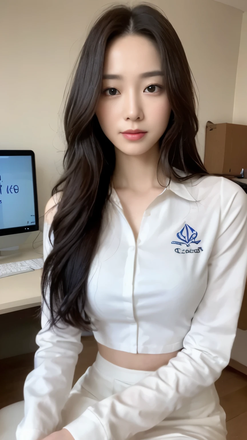 ((top-quality、8k、​masterpiece:1.3))、Beautiful woman with perfect body:1.4、slim abdomen:1.2、Longhair, normal breast, Highly detailed facial and skin texture, A detailed eye, delicate eyes, double eyelid, (smile), (full body shot), ((office)), (sitting chair), (((wearing white uniform)), looking in front, computer 