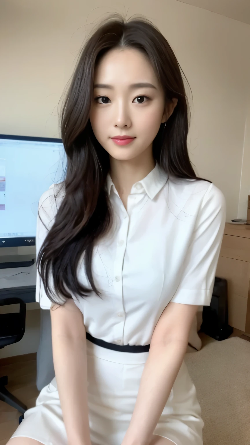 ((top-quality、8k、masterpiece:1.3))、Beautiful woman with perfect body:1.4、slim abdomen:1.2、Longhair, normal breast, Highly detailed facial and skin texture, A detailed eye, delicate eyes, double eyelid, (smile), (full body shot), ((office)), (sitting chair), (((wearing white uniform)), looking in front, computer
