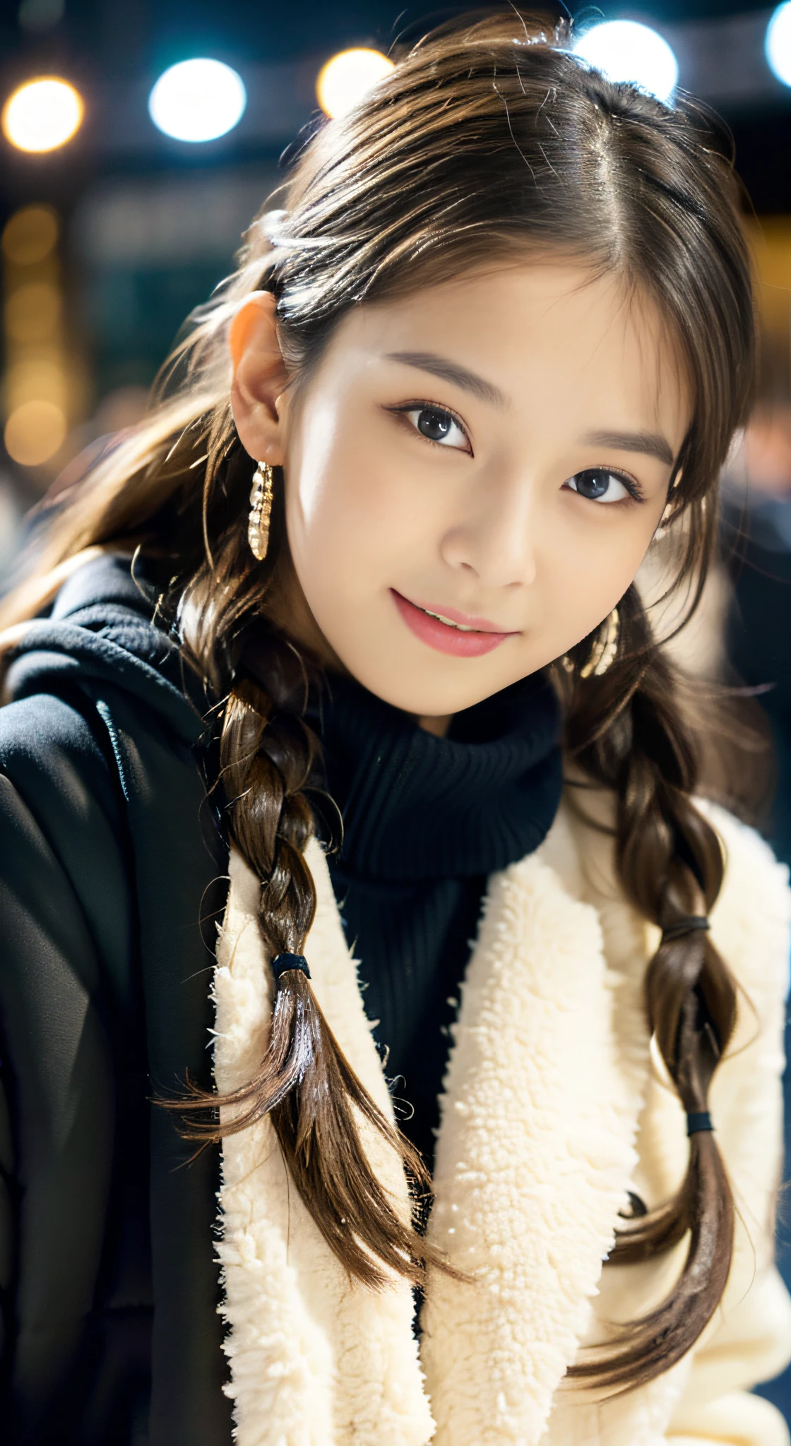 (((32K,very high res, high detailing, highly accurate,Masterpiece Girl 1：1.5))),Raw photo & realistic atmosphere,beautiful dark blue eyes,Detailed mouth,Glossy lips,Detailed eyebrows,Soft white skin that shines with every detail,,Eyes drawn in detail、Very beautiful eyes with azure eyes,Detailed lips、Very beautiful face,Very well-formed face、Lifelike face,shiny beautiful lips,Beautiful eyebrows,Infinite reality,Best design,（Insanely cute Japan 16-year-old high school girl,,Beautifully shaped breasts,Very cute beautiful girl,,Healthy body,Outstanding style：1.5）,Best Natural Makeup,Japanese ido,Korean Idols,Young sensual idol,Moist eyes,Dark Beautiful Deep Eyes,Beautiful butt,beauty legs,,camel's foot,：1.3),超A high resolution、,Natural and realistic face,Back lighting,Pure eyes are too cute,(((photorealisim,Photograph the whole body))),,Reality Live Action,（Fashionable earrings,,a necklace,A bracelet,gyuru,Glossy nail art,2022 Women's Teens Winter Casual Fashion,Down jacket,Black pants,white shoe,Calm and fashionable girl,light brown hair,Braided ear hair,solo,little smiling,full body Esbian,Show full-body fashion,Leaning forward,Bend over, Only beauty young cute 15 year old girl,A rather  and very cute 15-year-old girl：1.7）,Night in Shibuya
