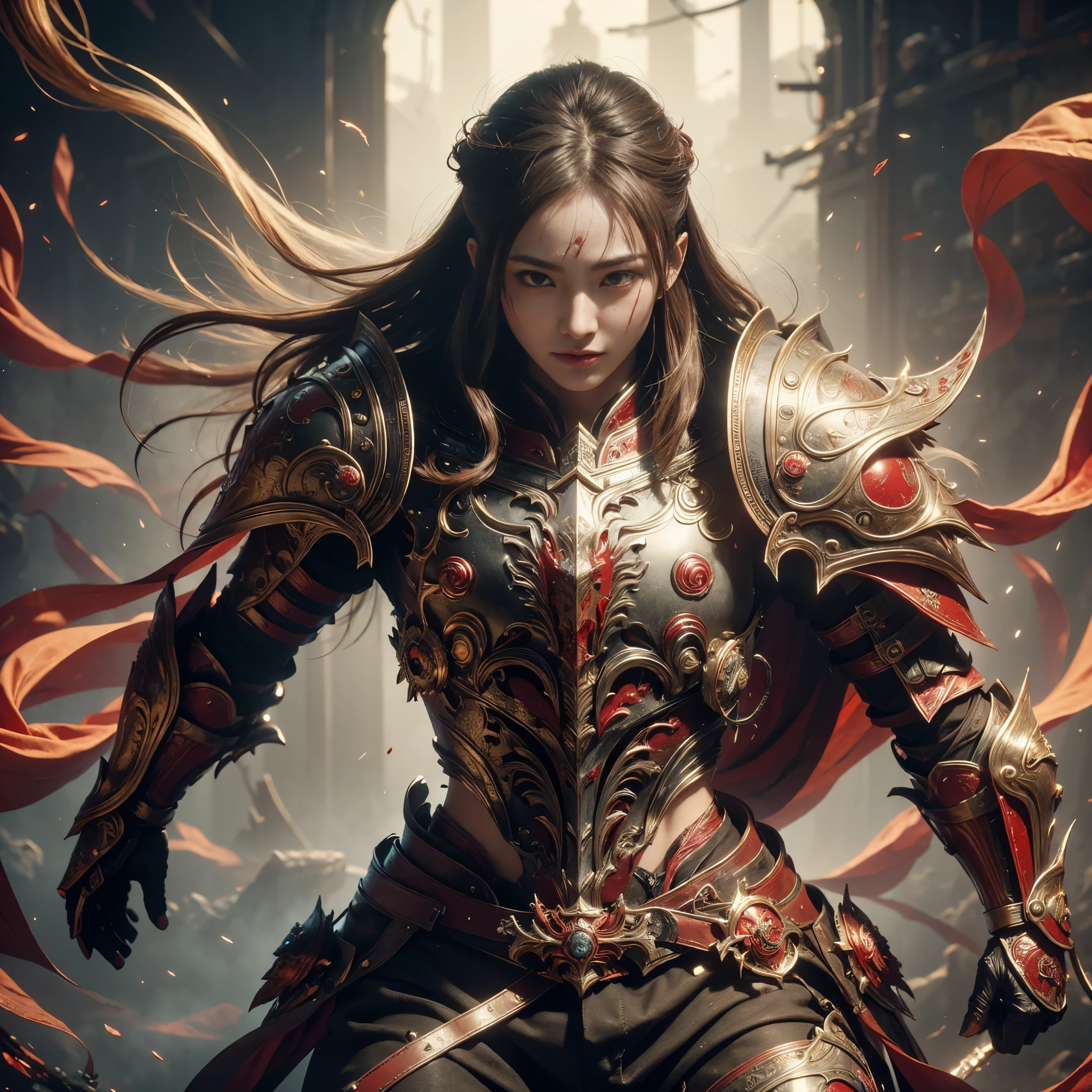 (((Realistic, masterpiece, best quality, crisp detail, high definition, high detail, sharp focus, perfect studio lightning))), 17 years old japanese girl wearing damaged armor, japan style armor, full body armor, full decorated golden armor, long straight hair, dirty, sweating, bloodstained face, blood scattered armor, bloodbath, carnage, swinging long blood scattered sword against cursed warriors, an epic war, fire everywhere, smoke everywhere, blood everywhere, death everywhere, japan edo period, brutal battle background