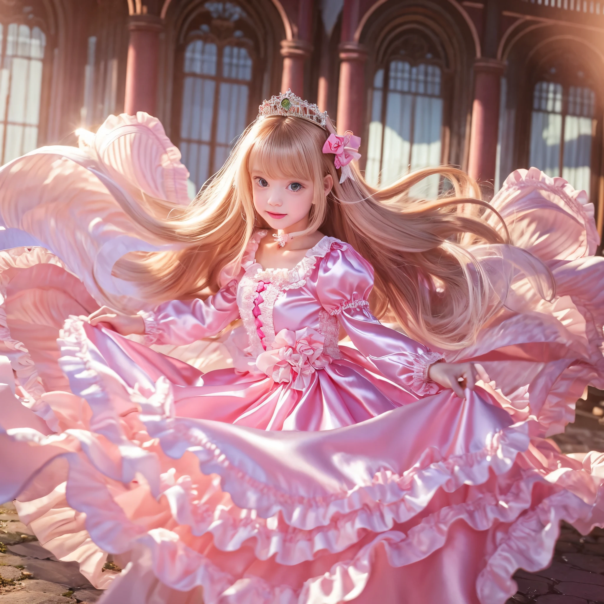 ,highest quality, masterpiece, highest resolution, artwork, super それにget used to it, many get used to it, get used to it, それにget used to it, 3K realistic photos,,(( girls)),Super detailed baby face,both arees,Full length ball gown dress with hoop skirt,ruffled yoke collar,Detailed braided ribbon on chest,puff sleeves,long sleeve,((Lolita style hot pink detailed princess satin dress、Comes with lots of frills and ribbons。)),crazy'colorful fashion,shiny silk satin dress,soft and smooth silk satin fabric,luxury,Very long blonde hair,blue eyes,white skin european,pajamas,((Outside the palace)),Princess dancing happily,gorgeous flowing dress,fine white frills and lace,Super long hair that is as tall as your body,the princess is running,cobblestone floor,