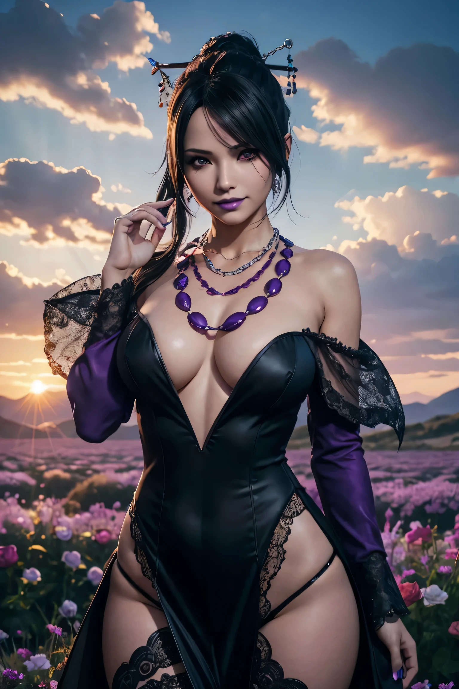 Lulu,Final Fantasy 10,FF10,Kurokami,one length,Let down one side of your bangs,hide one eye,beautiful purple eyes,white skin,purple lips,black fur long dress,Black see-through blouse,black fishnet tights,Purple Necklace,super high quality,super high quality,masterpiece,digital single lens reflex,realistic,Detailed details,vivid details,depicted in detail,detailed face,Detailed details,Super detailed,realistic skin texture,based on anatomical basis,perfect anatomy,anatomically correct hand,anatomically correct fingers,Complex 3D rendering,sexy pose,beautiful purple rose field,Final Fantasy Worldview,Dark worldview,fantastic sunset,fantastic sunset,beauty like a painting,smile,