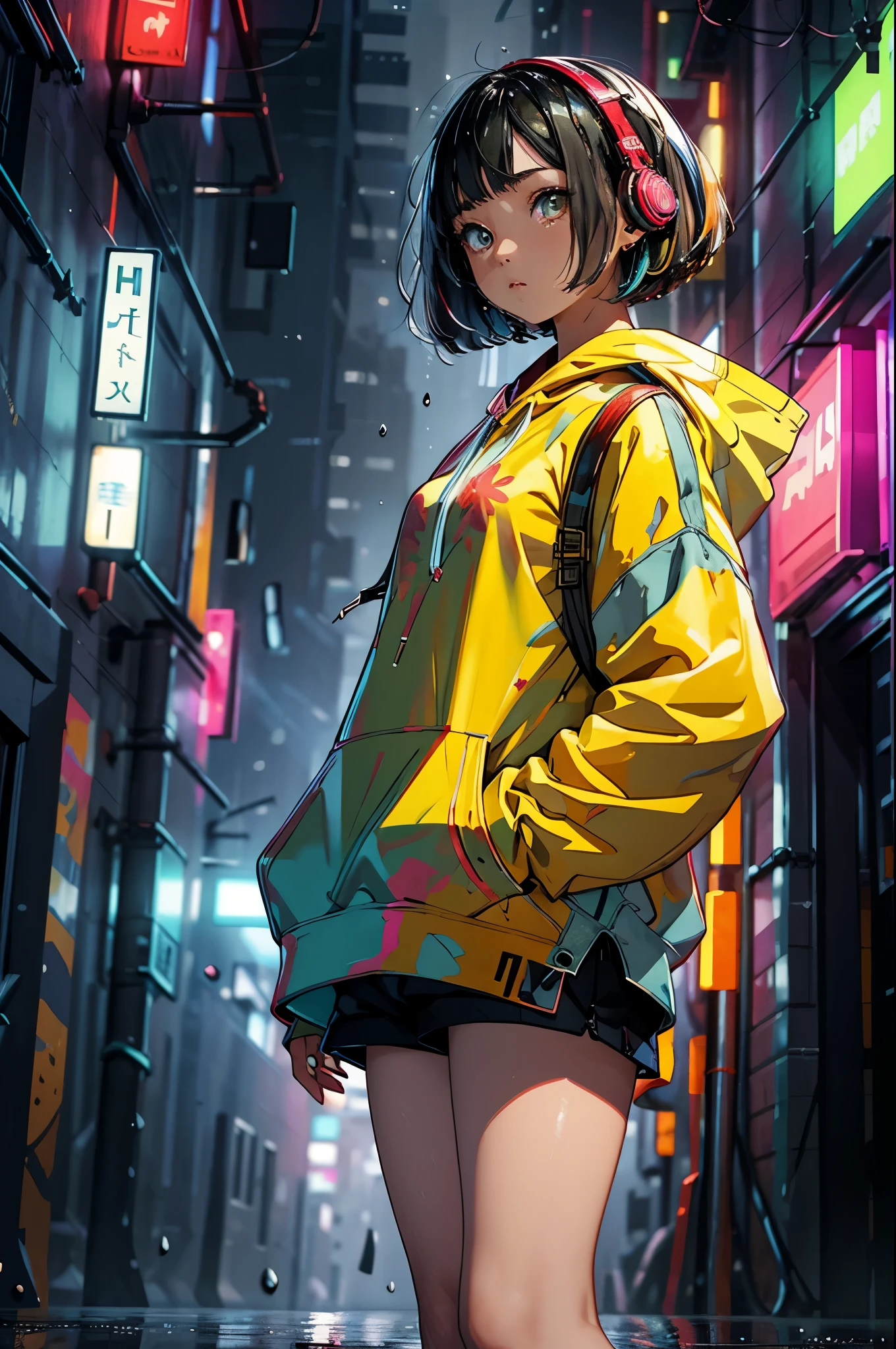 8K resolution、((premium))、((masterpiece))、((Super detailed))、1 female、alone、incredibly absurd、oversized hoodie、headphones、street、free area、rain、neon、hair short cuts、brightly colored eyes in the pocket、shorts、dripping water