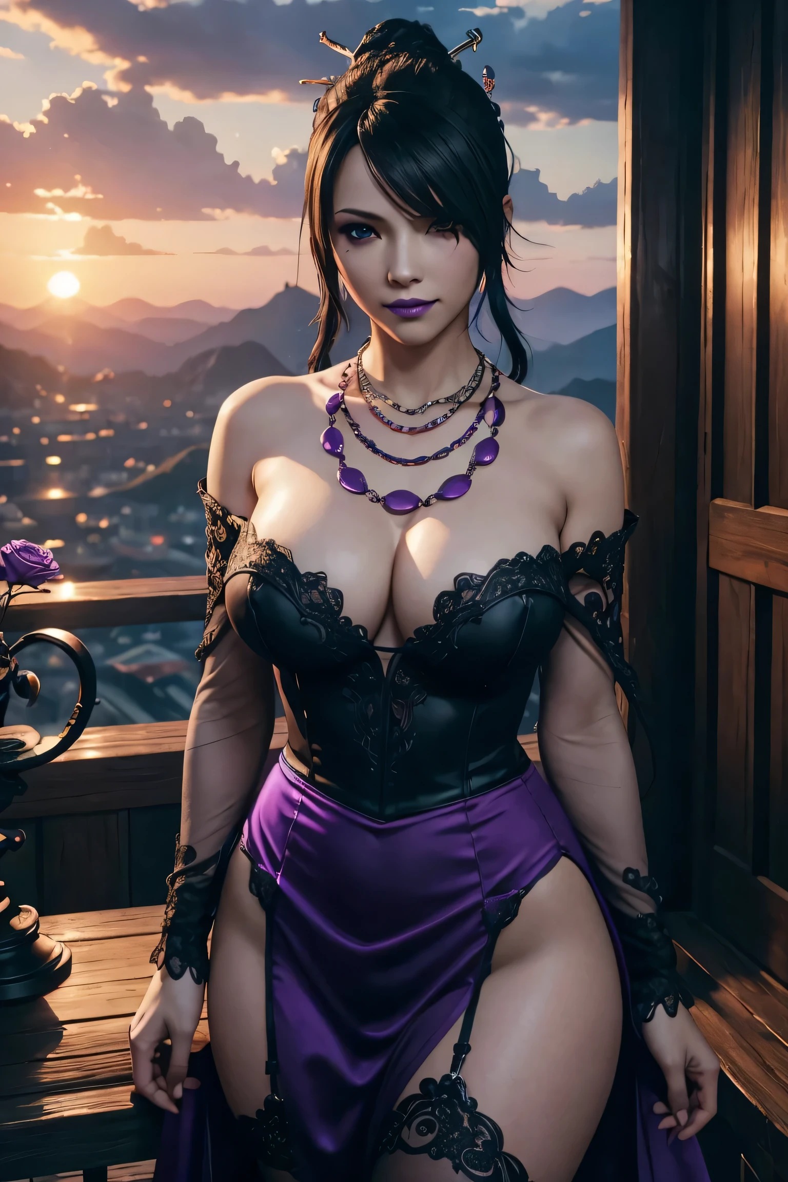 Lulu,Final Fantasy 10,FF10,Kurokami,one length,Let down one side of your bangs,hide one eye,beautiful purple eyes,white skin,purple lips,black fur long dress,Black see-through blouse,black fishnet tights,Purple Necklace,super high quality,super high quality,masterpiece,digital single lens reflex,realistic,Detailed details,vivid details,depicted in detail,detailed face,Detailed details,Super detailed,realistic skin texture,based on anatomical basis,perfect anatomy,anatomically correct hand,anatomically correct fingers,Complex 3D rendering,sexy pose,beautiful purple rose field,Final Fantasy Worldview,Dark worldview,fantastic sunset,fantastic sunset,beauty like a painting,smile,