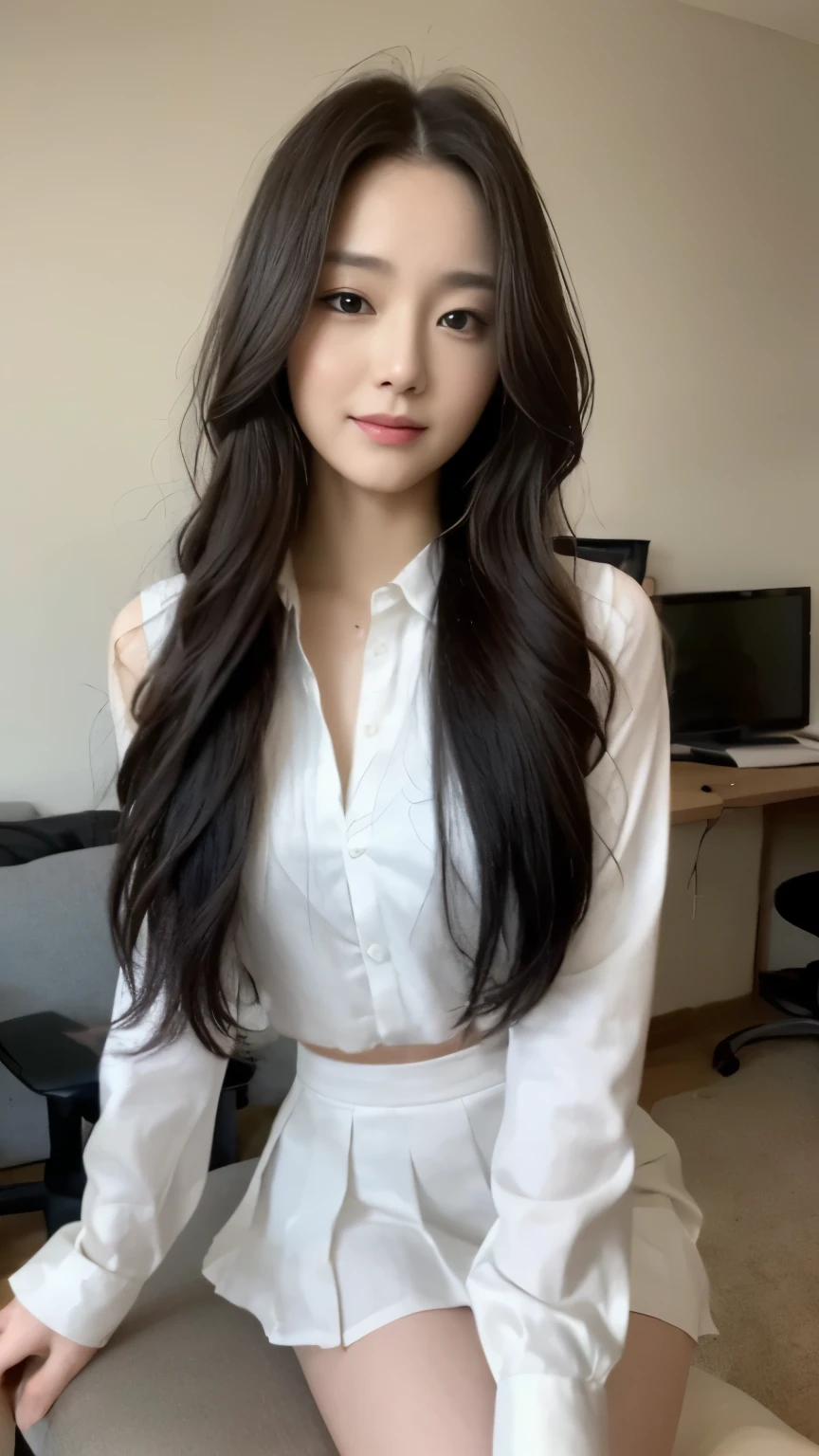 ((top-quality、8k、masterpiece:1.3))、Beautiful woman with perfect body:1.4、slim abdomen:1.2、Longhair, normal breast, Highly detailed facial and skin texture, A detailed eye, delicate eyes, double eyelid, (smile), (full body shot), ((office)), (sitting chair), (((wearing white uniform)), looking in front, computer