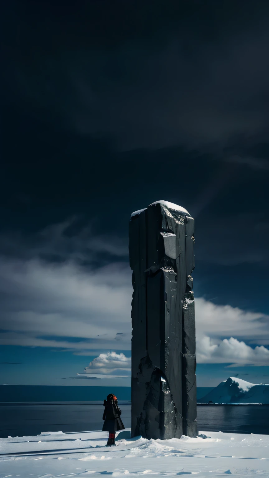 Antarctica, despair, The jet black monolith in the center, girl looking up, cloudy sky, mysterious atmosphere, contrasting composition, High resolution, high quality, Wide angle shooting, 4k, 8k