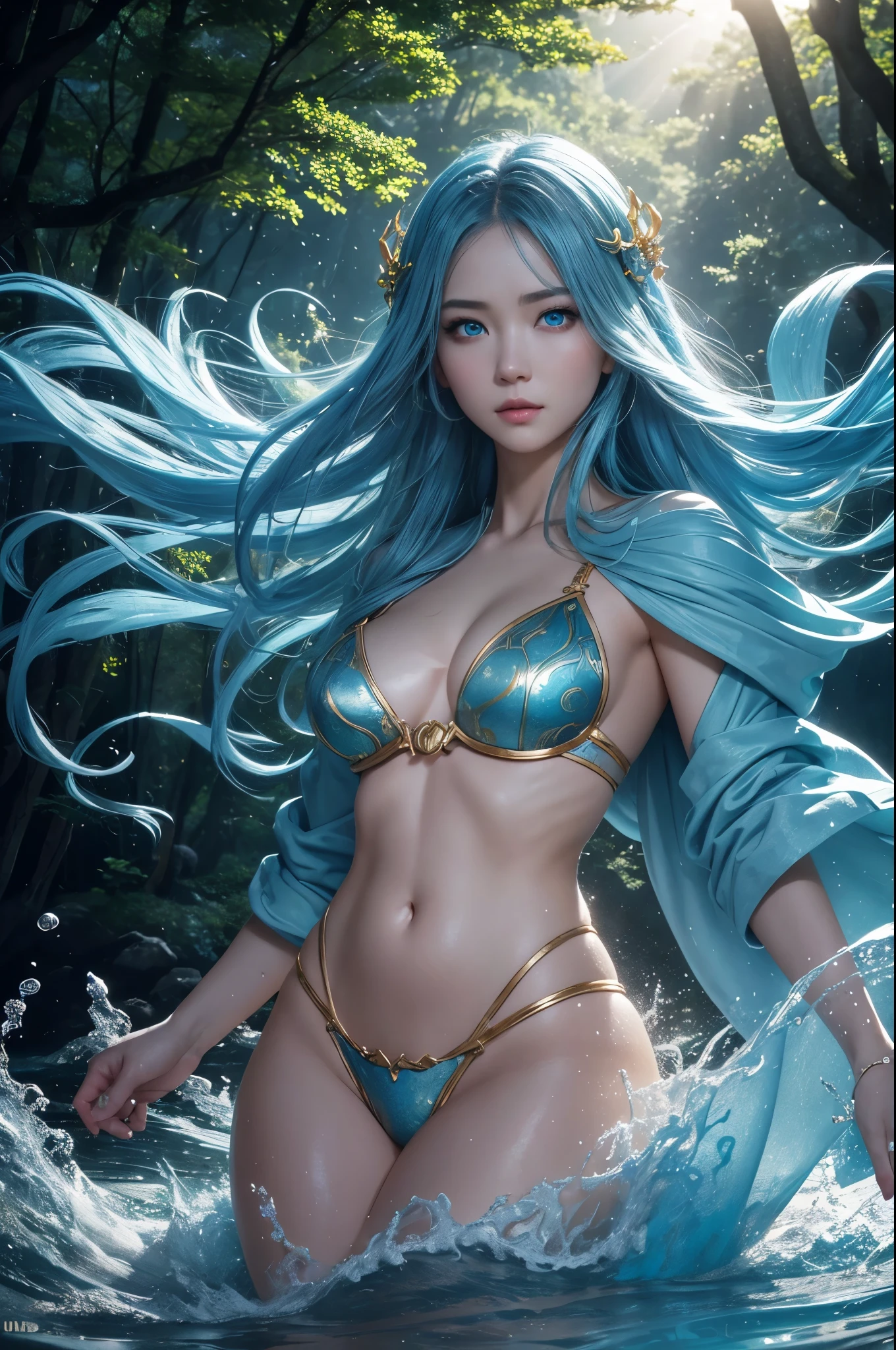 8K,goddess of water,Super beautiful(like the real thing),blue makeup,blue rouge,light blue eyes,clear white skin,luxurious blue water robe,golden decoration,golden hair ornament,masterpiece,Photorealistic RAW photos of the highest quality。bright colors,rich colors, Backlight, cinematic lighting, film grain, to be born, 50mm lens, Nikon D850,detailed character art,fantasy art,ultra high resolution,Super realistic,view audience,fantasy,beautiful expression,view audience,