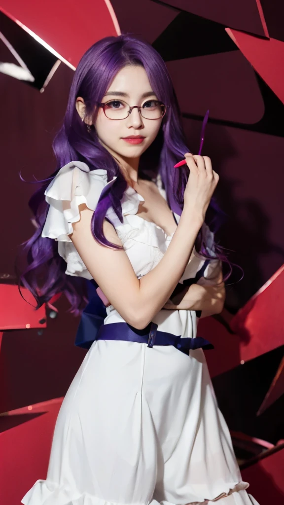 a close up of a person in a white dress with purple hair, misato katsuragi, style of madhouse anime, gapmoe yandere grimdark, anime style like fate/stay night, shalltear from overlord, as an anime character, rumiko, female anime character, shuushuu anime image, gapmoe yandere，wearing glasses，purple hair，wearing glasses，purple hair，wearing glasses，purple hair，wearing glasses，purple hair，wearing glasses，purple hair，wearing glasses，purple hair，wearing glasses，purple hair，wearing glasses，purple hair