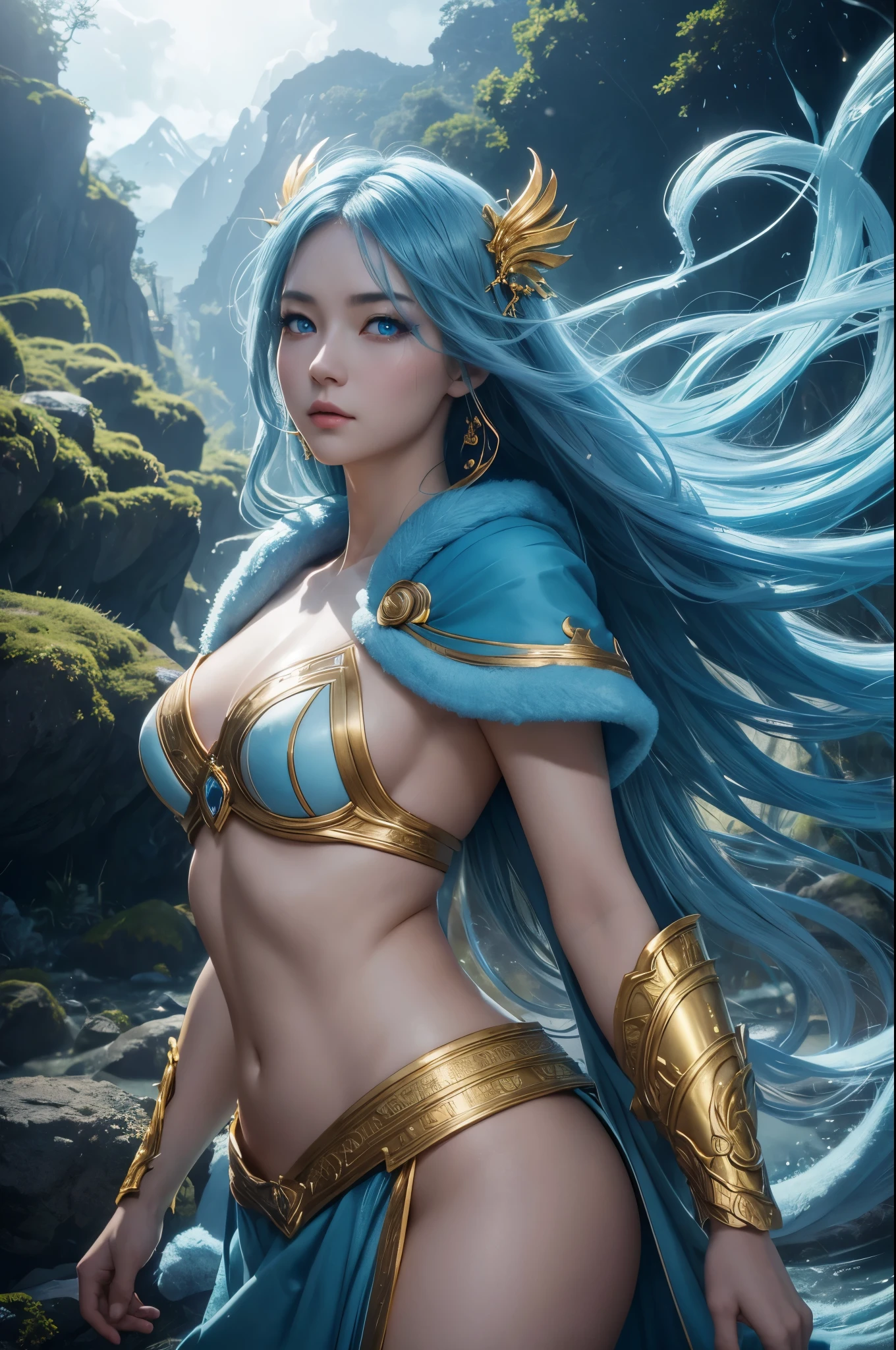 8K,goddess of water,Super beautiful(like the real thing),blue makeup,blue rouge,light blue eyes,clear white skin,luxurious blue water robe,golden decoration,golden hair ornament,masterpiece,Photorealistic RAW photos of the highest quality。bright colors,rich colors, Backlight, cinematic lighting, film grain, to be born, 50mm lens, Nikon D850,detailed character art,fantasy art,ultra high resolution,Super realistic,view audience,fantasy,beautiful expression,view audience,