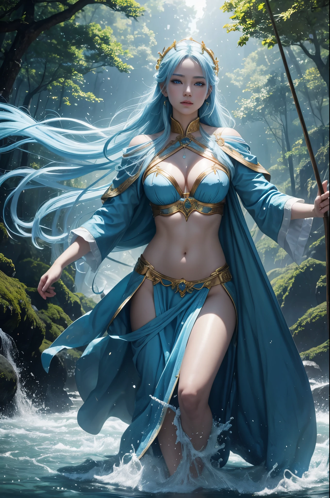 8K,goddess of water,Super beautiful(like the real thing),blue makeup,blue rouge,light blue eyes,clear white skin,luxurious blue water robe,golden decoration,golden hair ornament,masterpiece,Photorealistic RAW photos of the highest quality。bright colors,rich colors, Backlight, cinematic lighting, film grain, to be born, 50mm lens, Nikon D850,detailed character art,fantasy art,ultra high resolution,Super realistic,view audience,fantasy,beautiful expression,view audience,