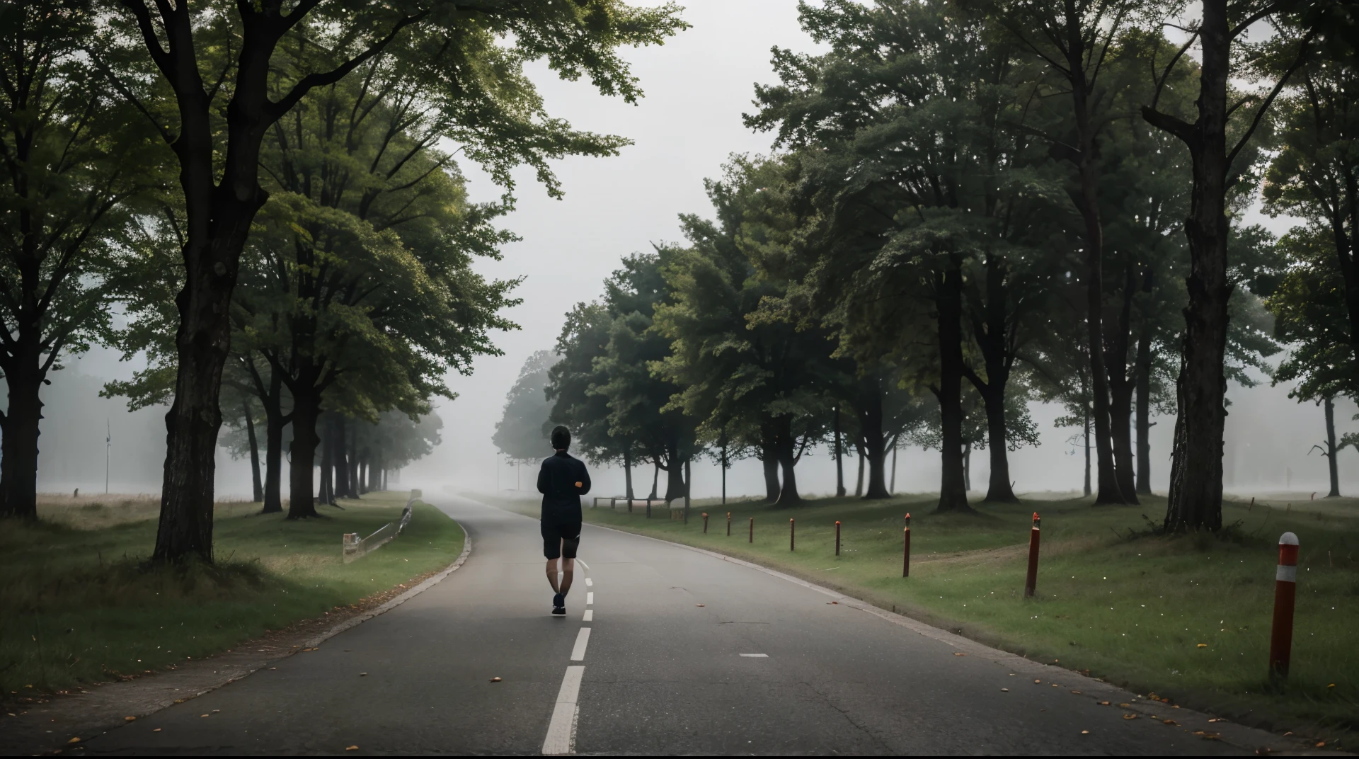 Create a vivid scene depicting a lone figure, rendered in stunning 8K high quality, jogging along a winding road enveloped by dense fog, flanked by towering trees casting eerie shadows in the ethereal light.