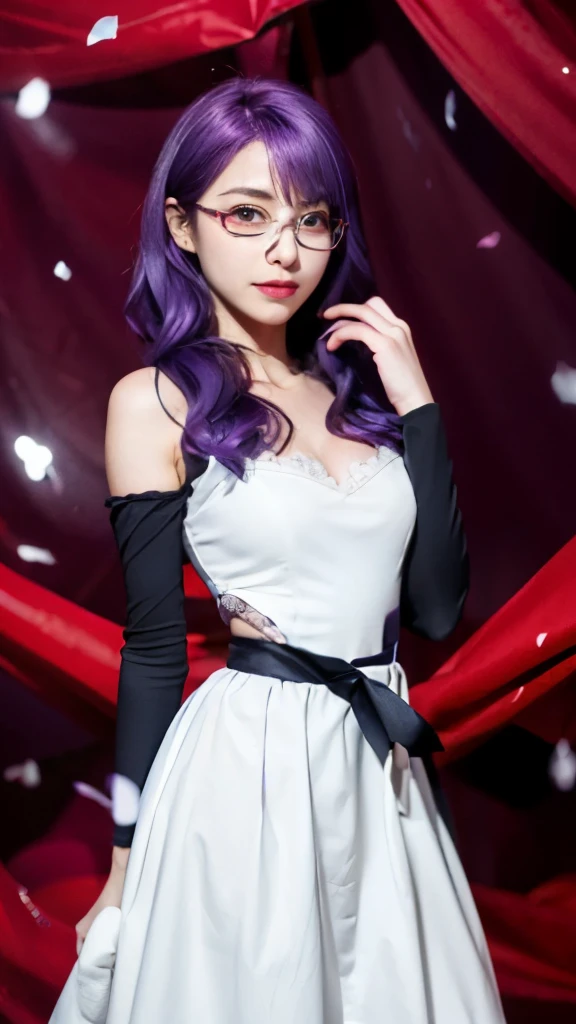 a close up of a person in a white dress with purple hair, misato katsuragi, style of madhouse anime, gapmoe yandere grimdark, anime style like fate/stay night, shalltear from overlord, as an anime character, rumiko, female anime character, shuushuu anime image, gapmoe yandere，wearing glasses，purple hair，wearing glasses，purple hair，wearing glasses，purple hair，wearing glasses，purple hair，wearing glasses，purple hair，wearing glasses，purple hair，wearing glasses，purple hair，wearing glasses，purple hair