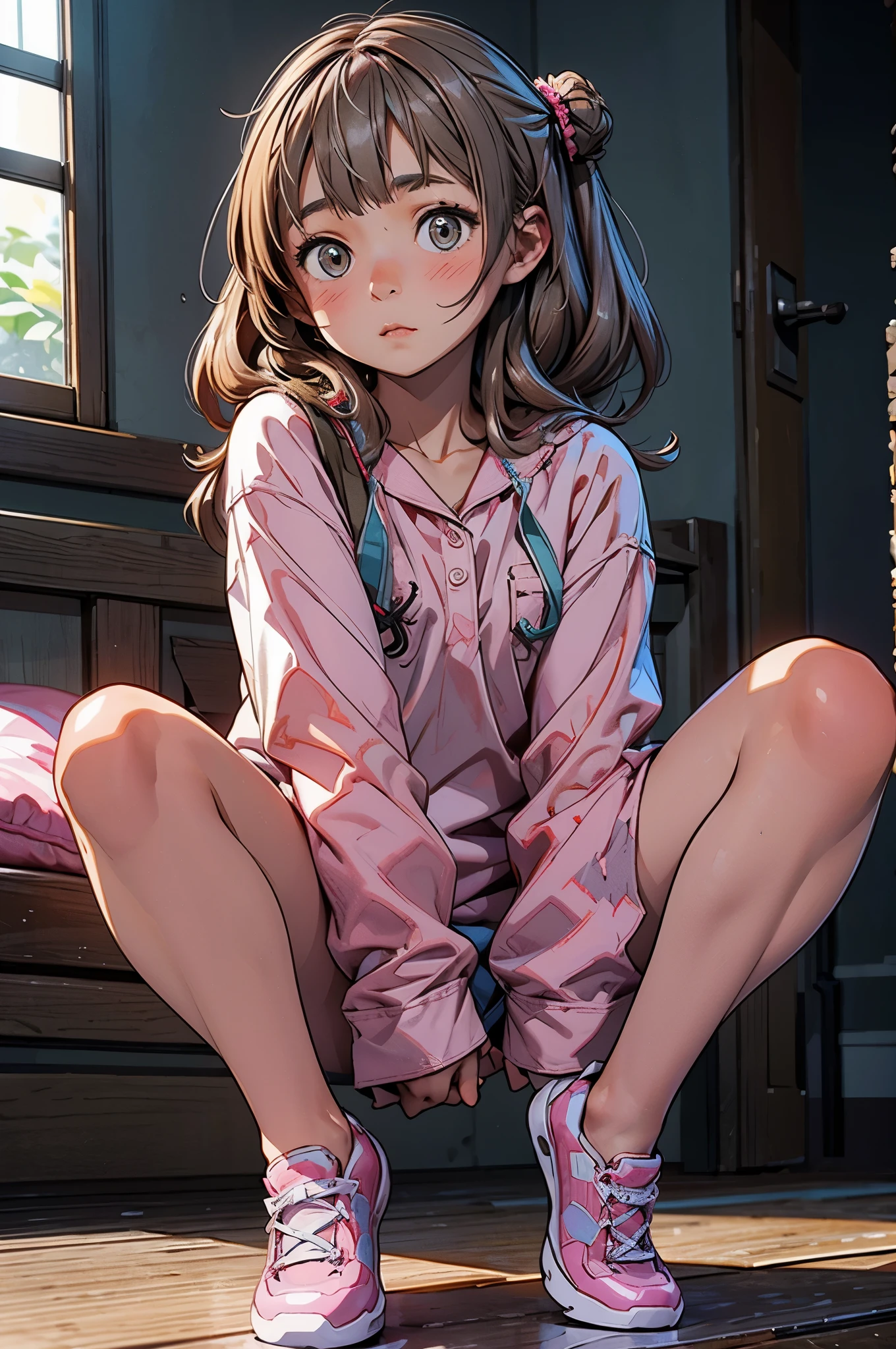 hyper quality, very detailed, perfect draw, alone, Futaba, Futaba sakura, person 5, blush, spread legs (30cm), embarrassed look, Moist eyes, Light pajamas, There is no fourth, front light, Forehead light, sunshine, clear face, masterpiece, hyper quality, very detailed, CG, 3D, 8k,