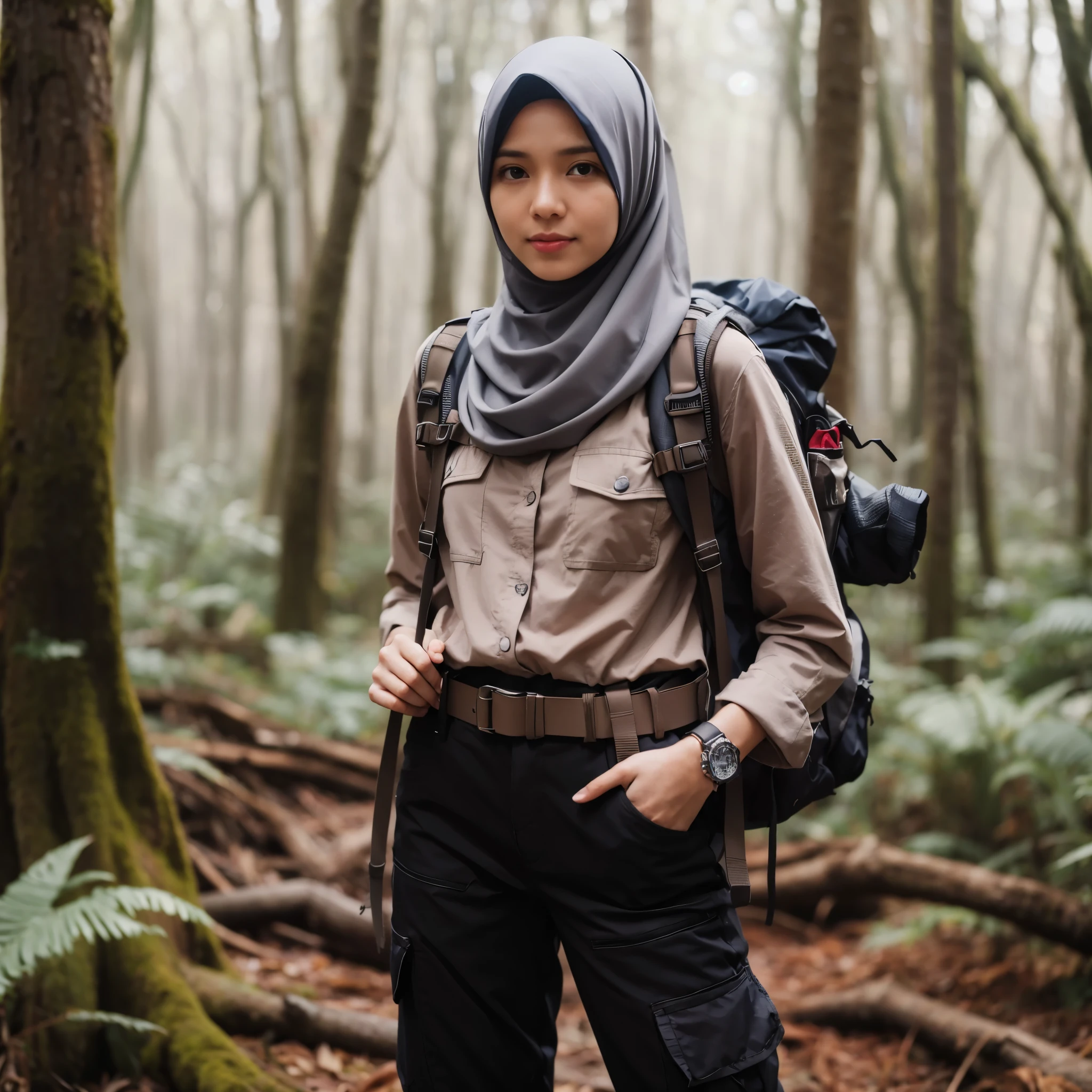 a woman wearing a hijab and adventure clothes, wearing black pants and a watch, is standing in the middle of the forest, face facing forward, faint smile, photo realistic.